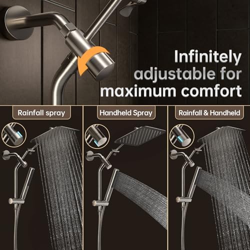 Veken 10" Luxurious Brushed Nickel All Metal Rain Shower Head with Handheld Spray Combo, High Pressure Rainfall Square Shower Heads with Extention Arm, Wide Dual Showerhead, Bathroom Accessories - Image 6