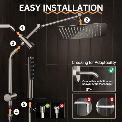 Veken 10" Luxurious Brushed Nickel All Metal Rain Shower Head with Handheld Spray Combo, High Pressure Rainfall Square Shower Heads with Extention Arm, Wide Dual Showerhead, Bathroom Accessories - Image 7