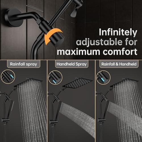 Veken 10" Luxurious All Metal Rain Shower Head with Handheld Spray Combo, High Pressure Rainfall Square Shower Heads with Extension Arm, Wide Dual Showerhead, Bathroom Accessories, Matte Black - Image 6