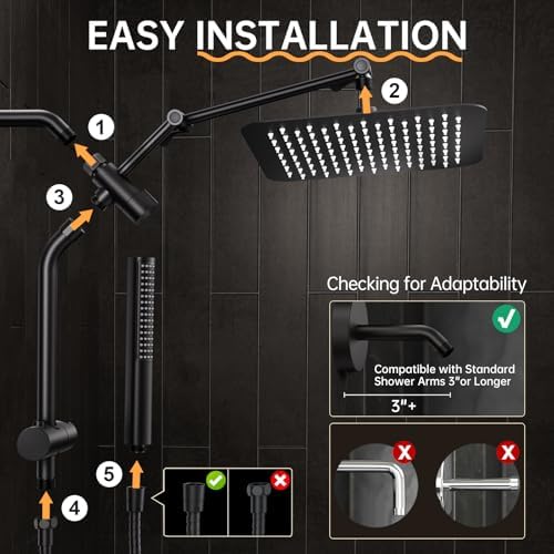 Veken 10" Luxurious All Metal Rain Shower Head with Handheld Spray Combo, High Pressure Rainfall Square Shower Heads with Extension Arm, Wide Dual Showerhead, Bathroom Accessories, Matte Black - Image 7