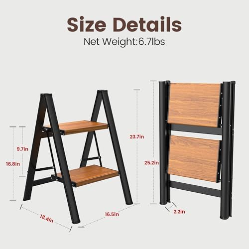 HBTower 2 Step Stool,Lightweight Aluminum Folding Step Stool with Anti-Slip Wide Pedal,330lbs Capacity 2 Step Ladder for Household,Kitchen,Office - BlackWoodgrain - Image 5