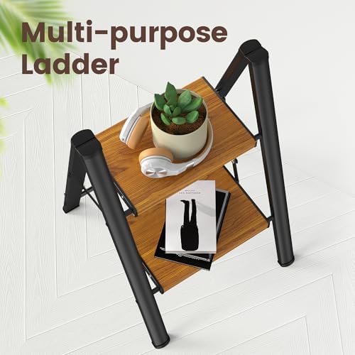 HBTower 2 Step Stool,Lightweight Aluminum Folding Step Stool with Anti-Slip Wide Pedal,330lbs Capacity 2 Step Ladder for Household,Kitchen,Office - BlackWoodgrain - Image 6