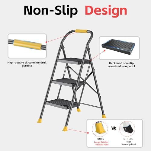 Step Ladder Foldable Folding Stool - for Home Adults Kitchen 3 Stepping Extension Tall Heavy Duty with Handrails - Closet Stepstool Stair Ladders Extendable Stepladder for Indoor House 600Lbs - Image 4