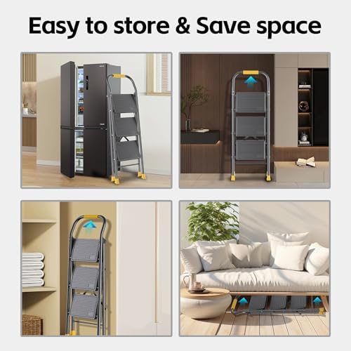 Step Ladder Foldable Folding Stool - for Home Adults Kitchen 3 Stepping Extension Tall Heavy Duty with Handrails - Closet Stepstool Stair Ladders Extendable Stepladder for Indoor House 600Lbs - Image 6
