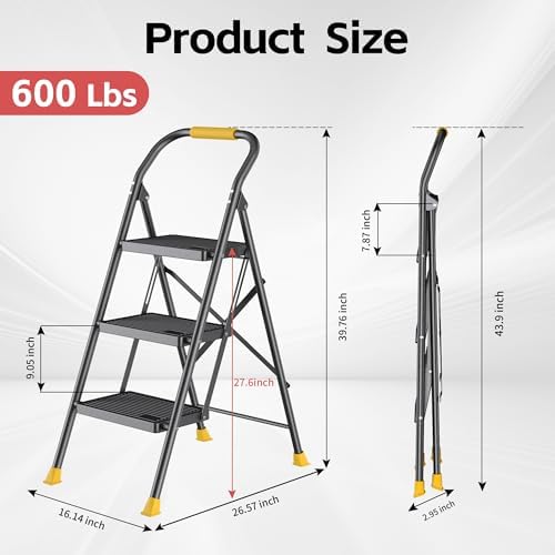 Step Ladder Foldable Folding Stool - for Home Adults Kitchen 3 Stepping Extension Tall Heavy Duty with Handrails - Closet Stepstool Stair Ladders Extendable Stepladder for Indoor House 600Lbs - Image 7