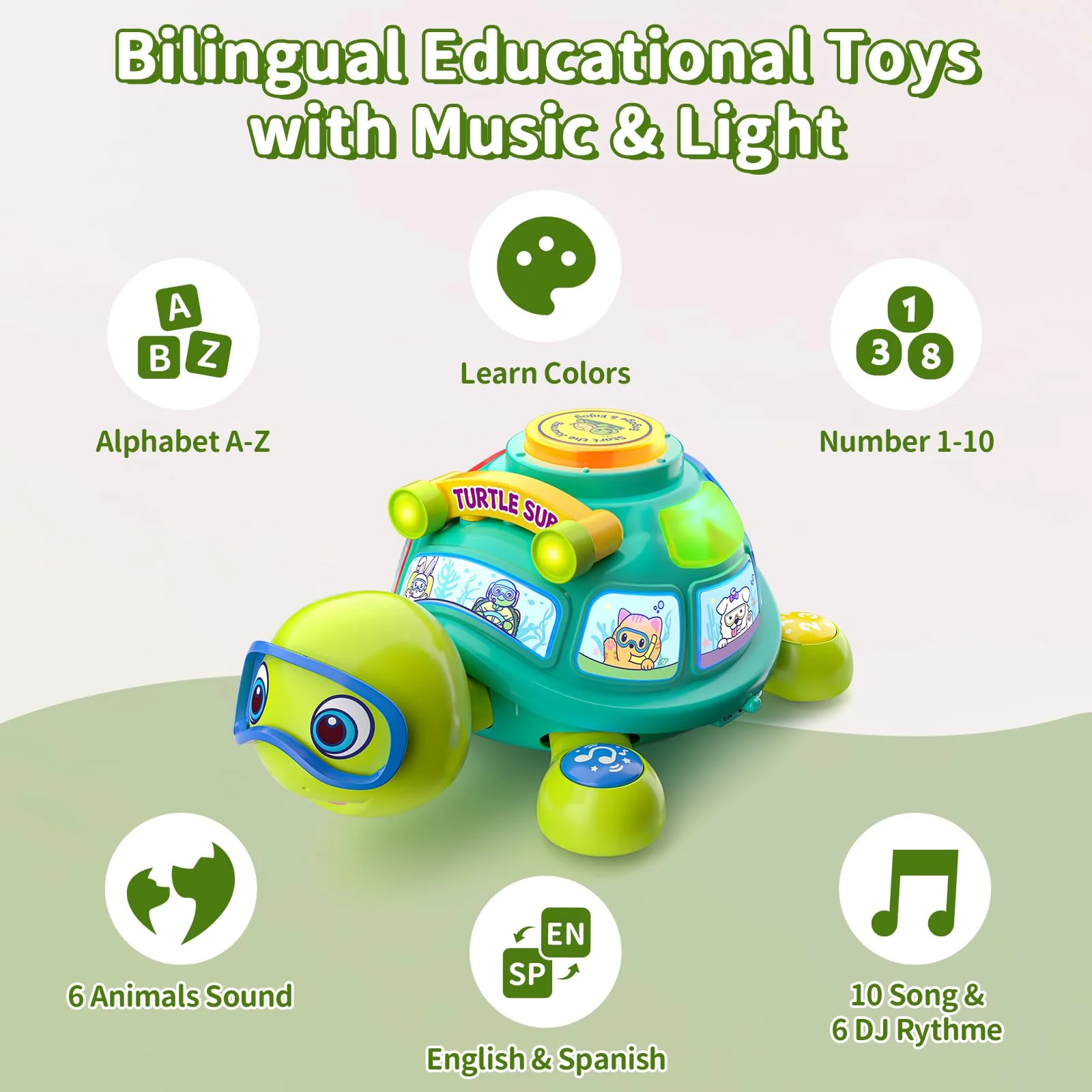 Baby Toys 6-12 Months, Musical Turtle Baby Crawling Toys 7 8 9 10 Months, Light up Infants Tummy Toy, Bilingual Educational Turtle, Gifts Present for Christmas Baby 4 5 6 12 Month - Image 5