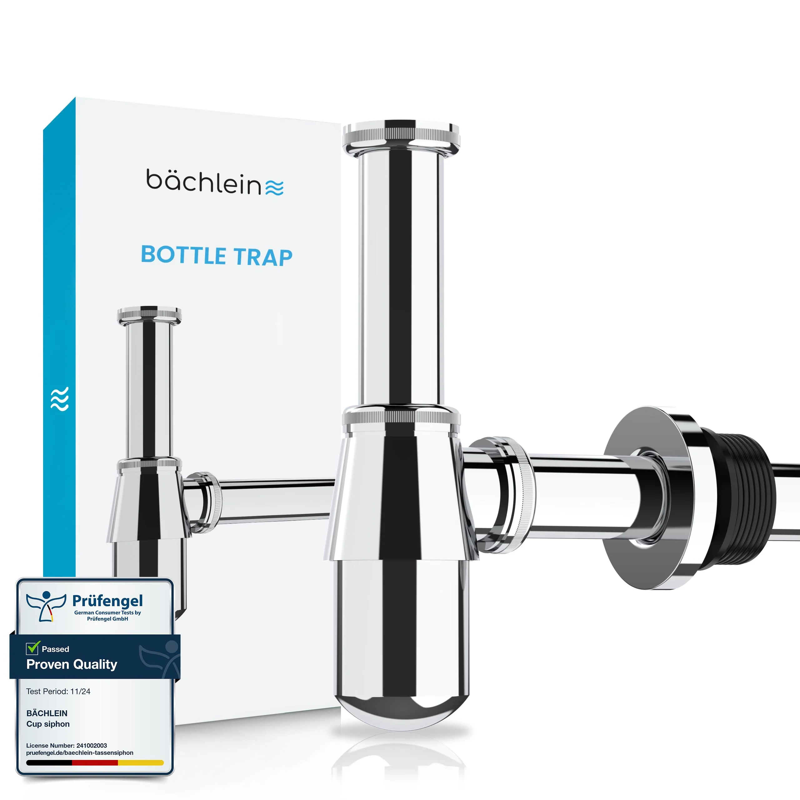Bächlein Cup Siphon Universal for Washbasin & Washstand, Odour Trap with Cleaning Opening + Installation Instructions - Drain Fitting Precisely - Design Siphon Drain Fitting Bottle Siphon
