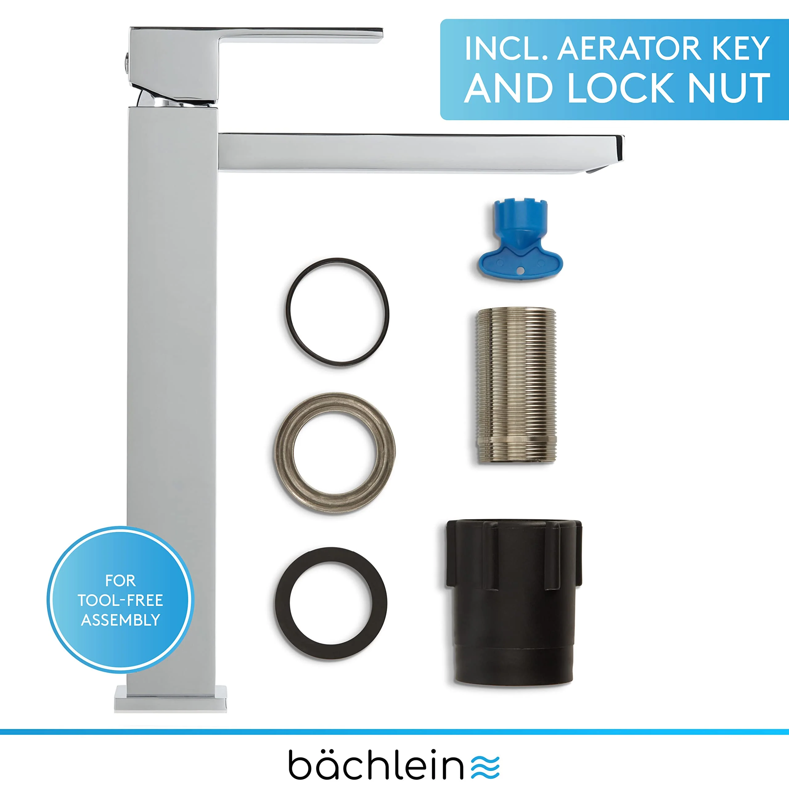 Bächlein High Faucet for Bathroom [Angular - Chrome] - Extra High Tap with 215mm Spout Height for Countertop Washbasin, Washbasin Water Tap High Spout - Image 4