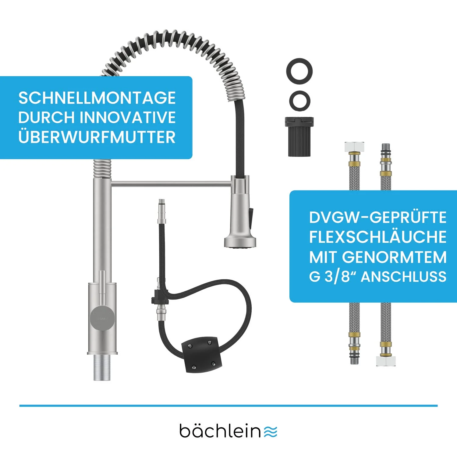 Bächlein Nedo Kitchen Faucet - 360° Rotatable (Brushed Stainless Steel) - Single Lever Mixer Tap Made of Stainless Steel with Flexible Neck and Shower with Switch Knob, Tap for Kitchen - Image 3