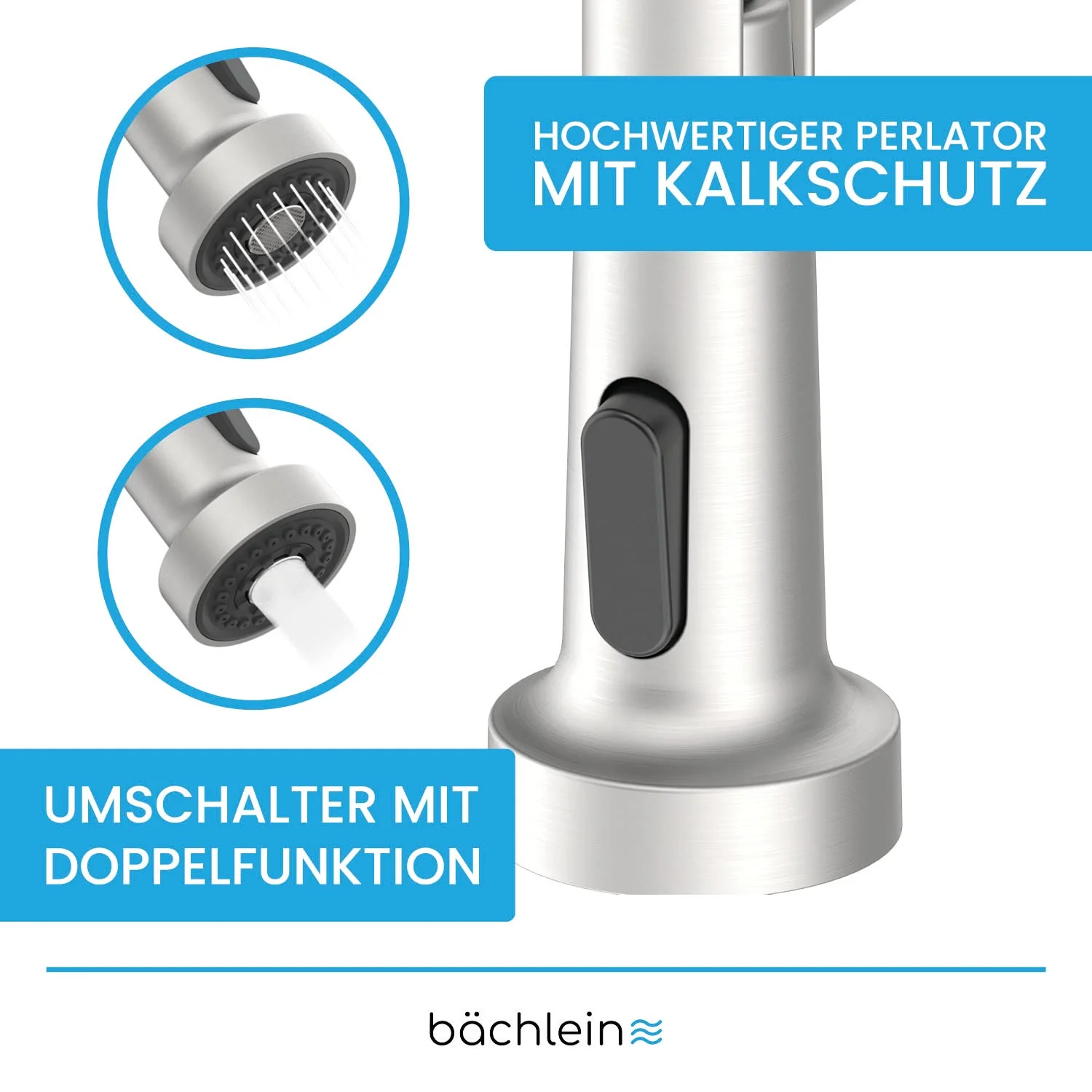 Bächlein Nedo Kitchen Faucet - 360° Rotatable (Brushed Stainless Steel) - Single Lever Mixer Tap Made of Stainless Steel with Flexible Neck and Shower with Switch Knob, Tap for Kitchen - Image 5