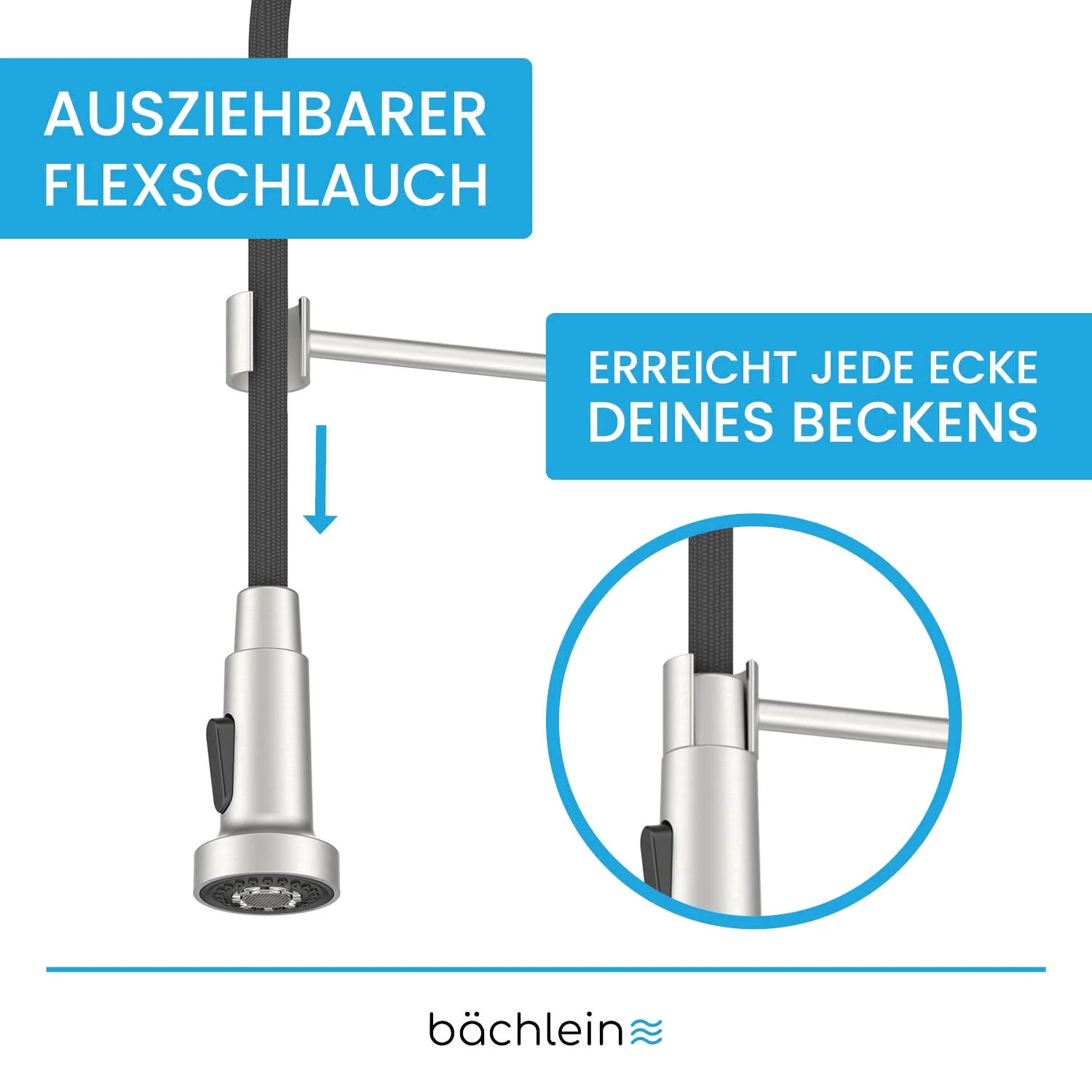 Bächlein Nedo Kitchen Faucet - 360° Rotatable (Brushed Stainless Steel) - Single Lever Mixer Tap Made of Stainless Steel with Flexible Neck and Shower with Switch Knob, Tap for Kitchen - Image 7