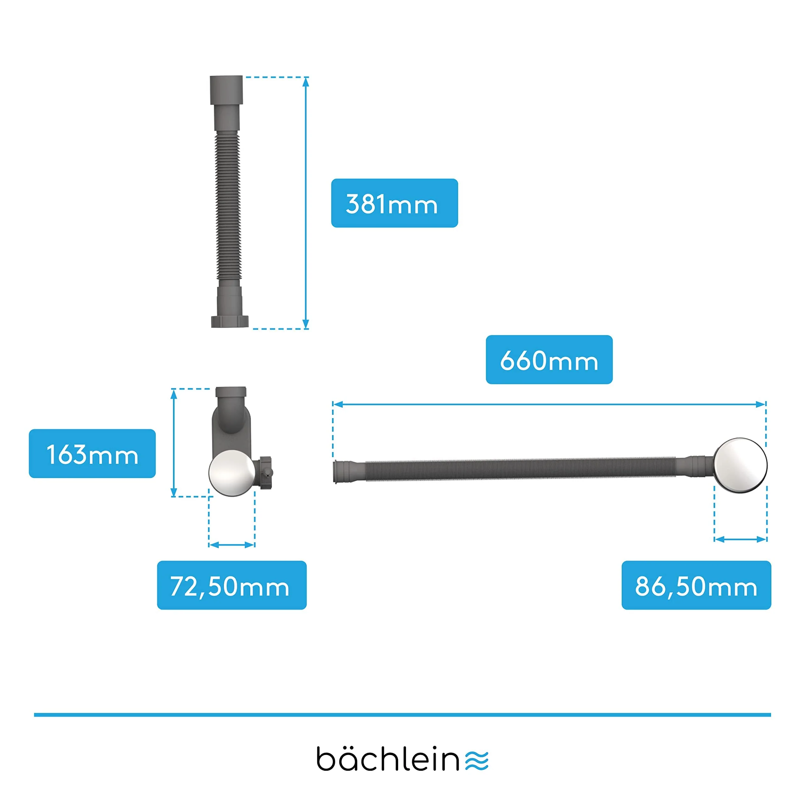 Bächlein Pop-up Drain for The Bathtub, pop-up Function with Sieve for a Clean Bathtub Drain, Complete kit with Flexible Overflow, Overflow Cover and Siphon - Image 5