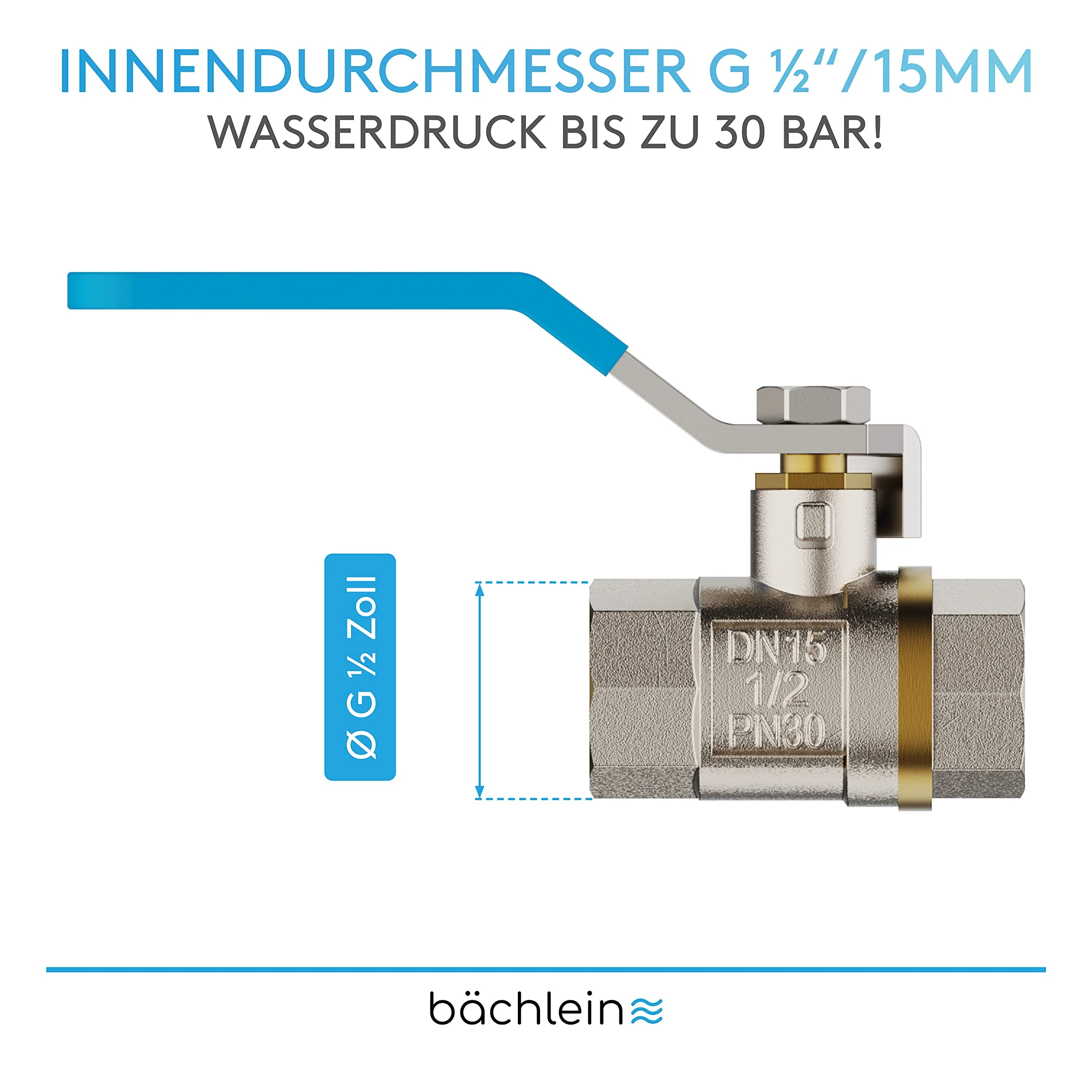 Bächlein Universal Ball Valve - Brass Ball Valve with Lever Handle and 1/2 Inch Female Thread on Both Sides - Full Bore Shut-Off Valve - Image 5