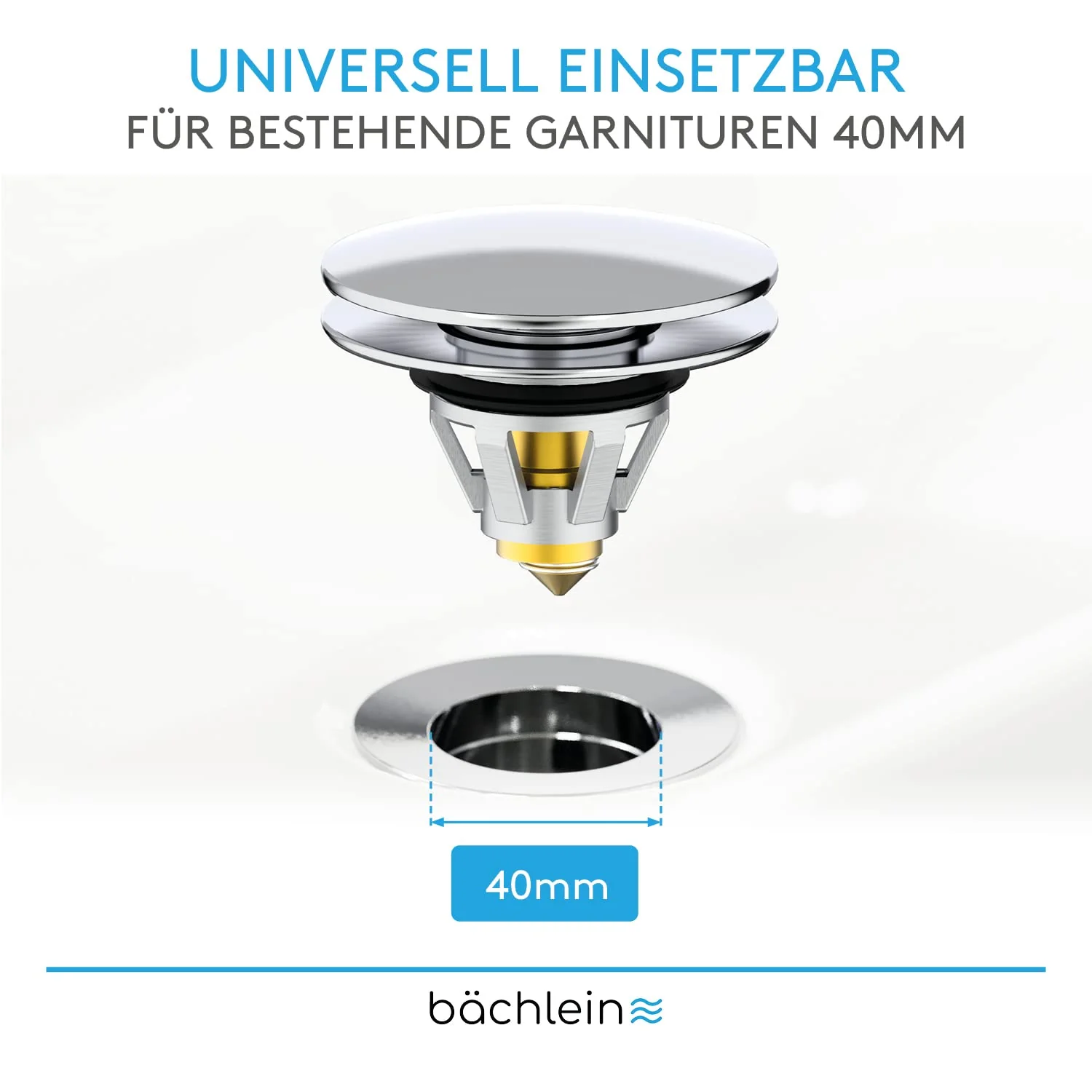 Bächlein Universal Pop Up Washbasin Plug - Chrome Drain Strainer for Washbasins - 40mm Drain Valve Plug with Hair Strainer - Image 5