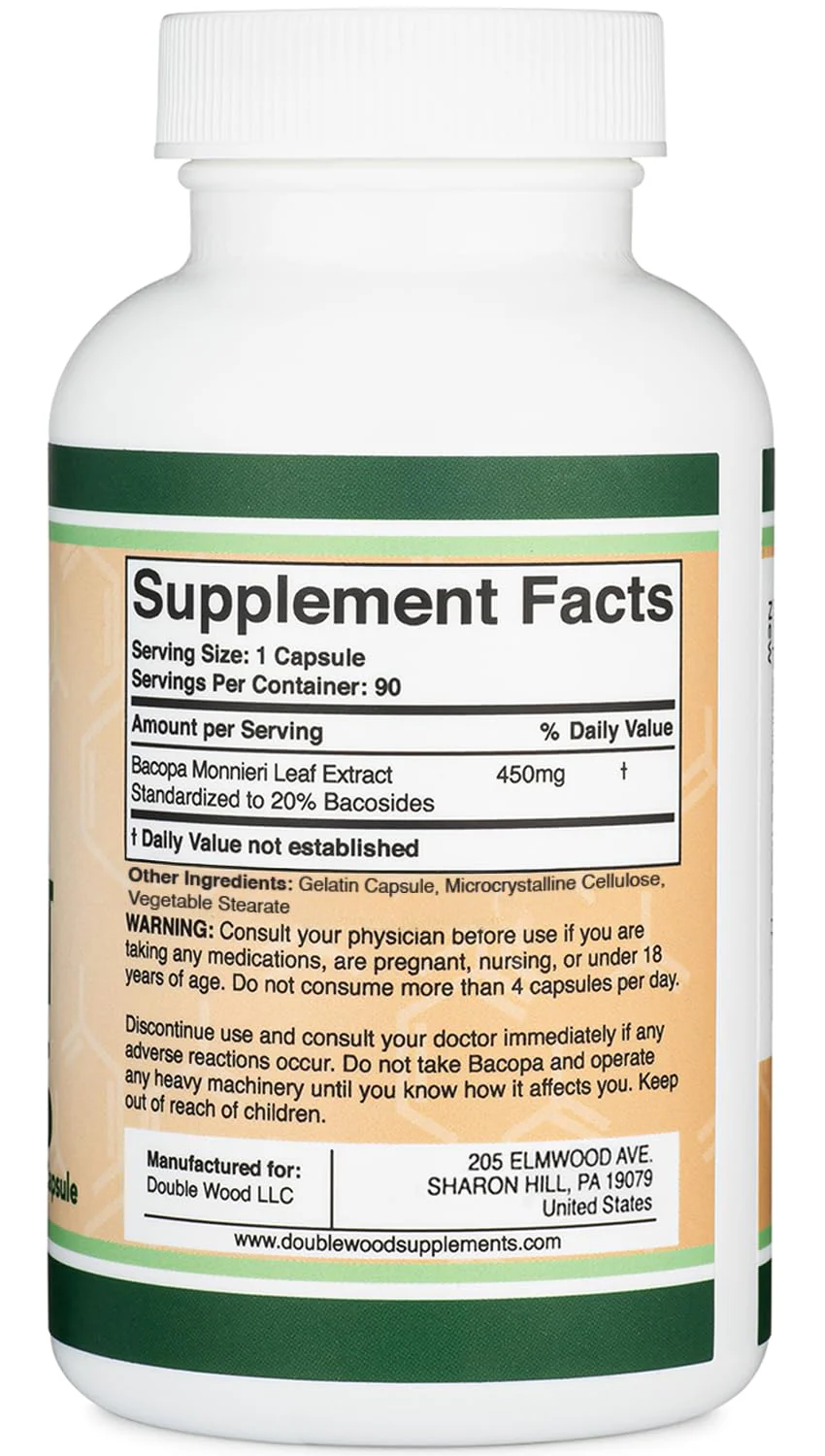 Bacopa Monnieri Capsules 20% Bacosides 450mg, 90 Count (Non-GMO, Gluten Free) Brahmi Extract (Memory Supplement for Brain Health, Focus, and Cognitive Function) by Double Wood - Image 4