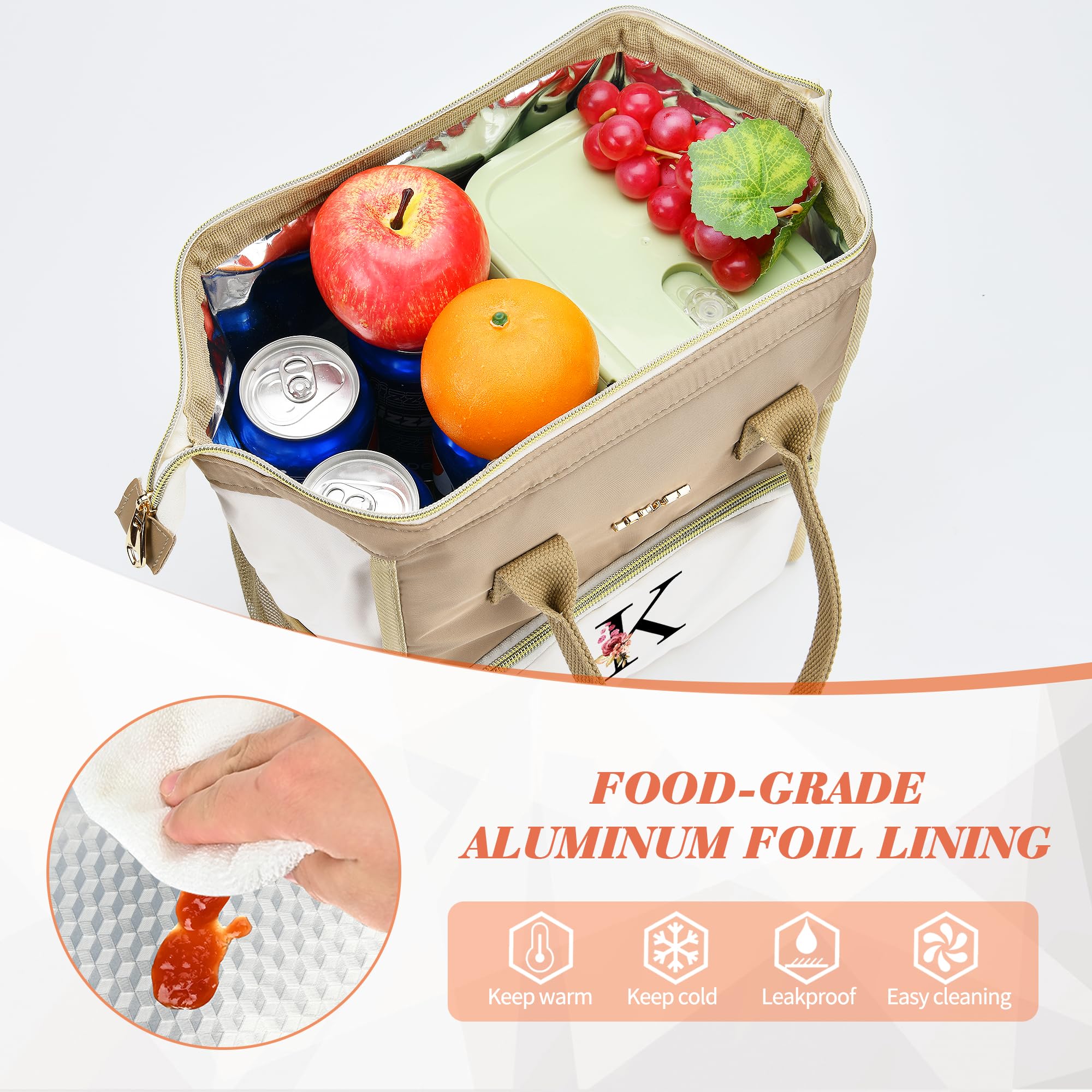 BAGNN Initial Lunch Bag Women, Cooler Insulated Lunch Box for Girls, Large Adult Leakproof Lunch Box for Picnic Work, Personalized Tote Bag, Birthday Gifts/Christmas Day Gifts, Letter M. - Image 4