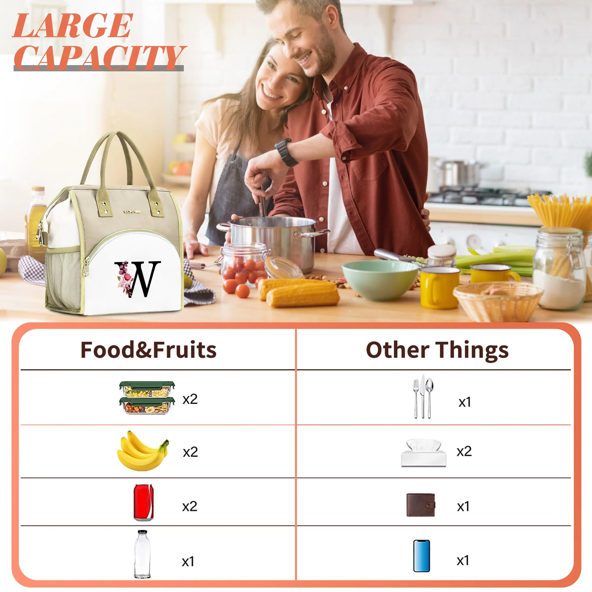 BAGNN Initial Lunch Bag Women, Cooler Insulated Lunch Box for Girls, Large Adult Leakproof Lunch Box for Picnic Work, Personalized Tote Bag, Birthday Gifts/Christmas Day Gifts, Letter M. - Image 6