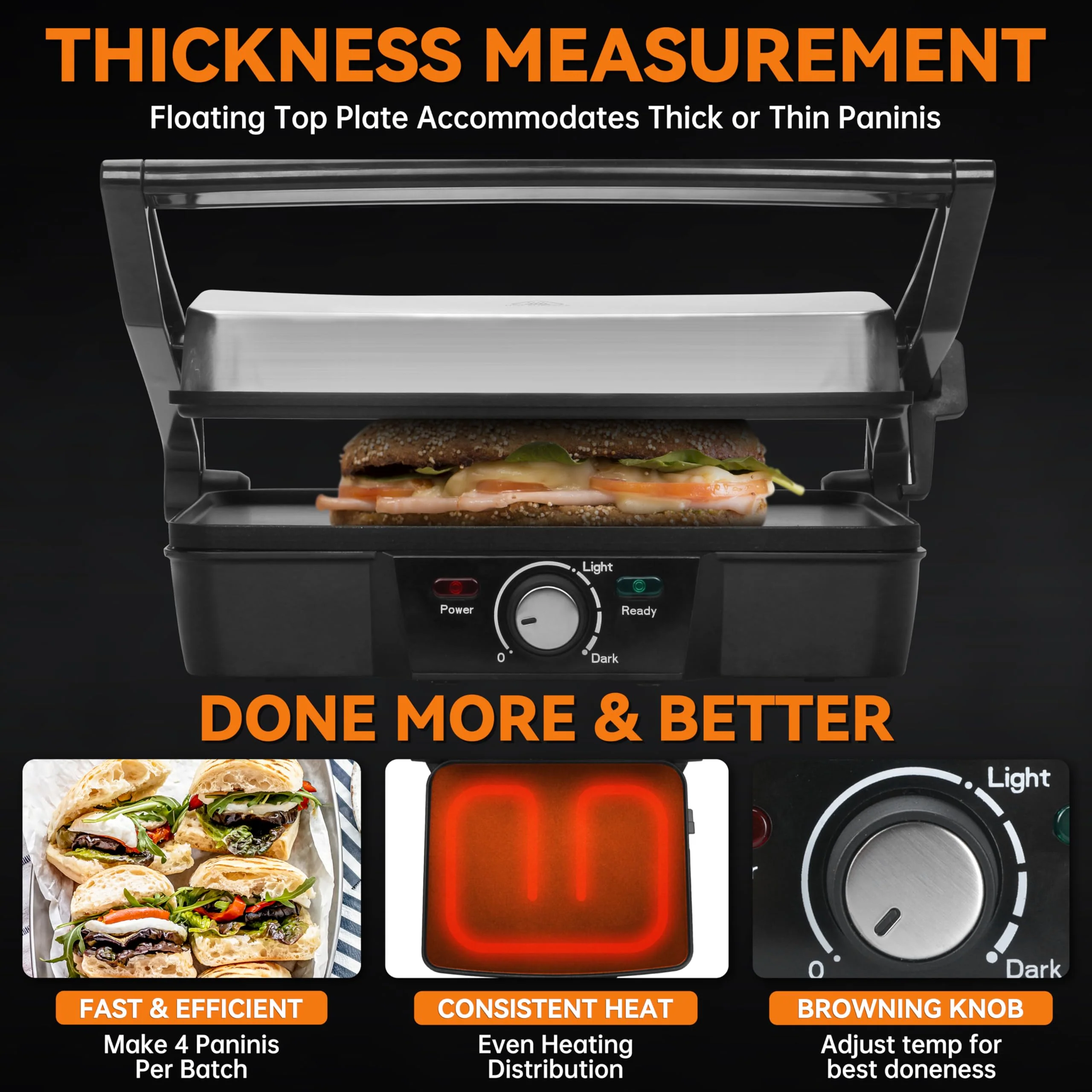 Baker's Friend Panini Press Electric Griddle, Panini Grill Press Sandwich Maker Press, Grilled Cheese Maker, Sandwichera Electrical, Browning Control, Non Stick Surfaces, 4-Slices, Stainless Steel - Image 5