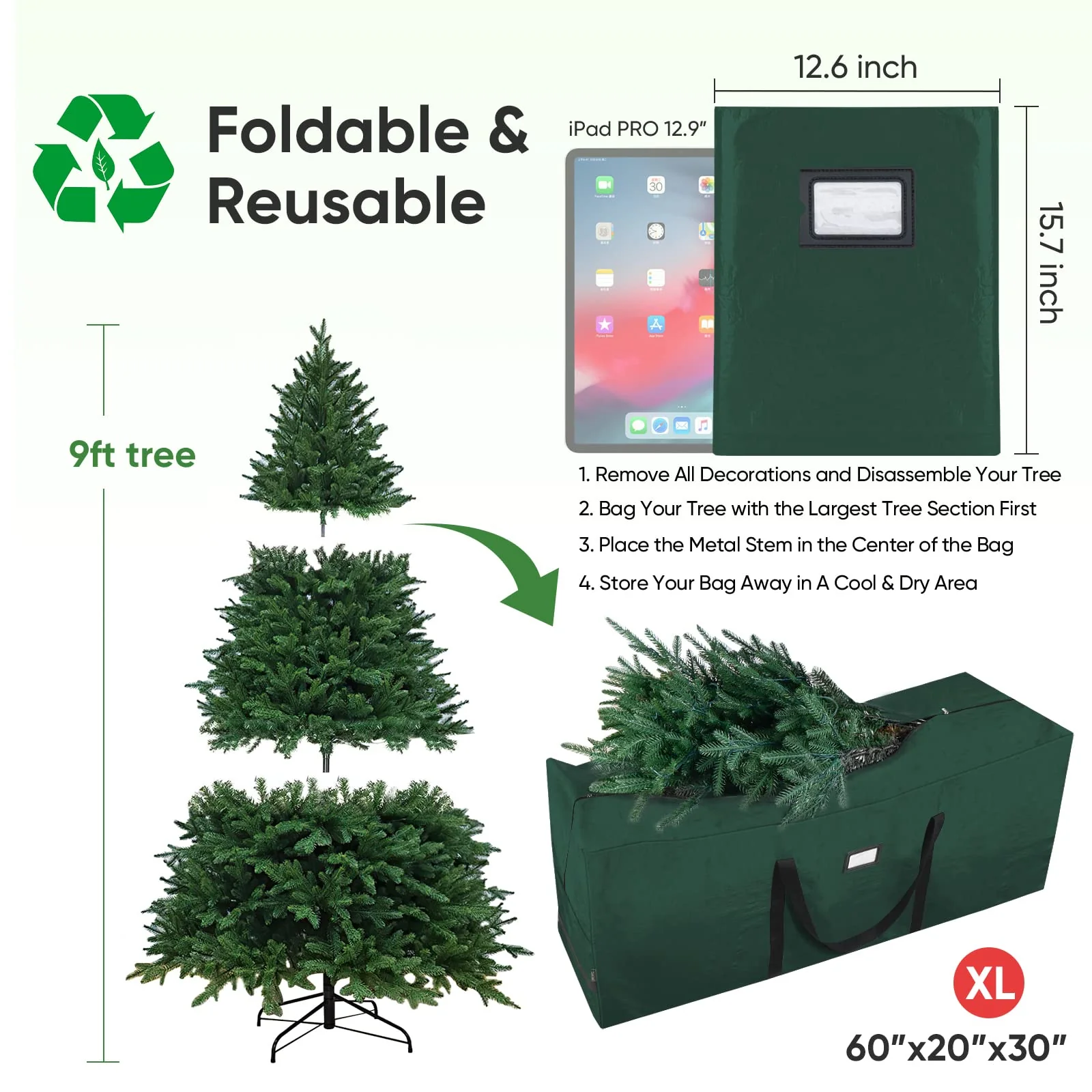 BALEINE 9 ft Christmas Tree Storage Bag, Heavy Duty Extra Large Artificial Christmas Tree Bag with Reinforced Handles and Dual Zippers Wide Opening (Green, 9 ft) - Image 6
