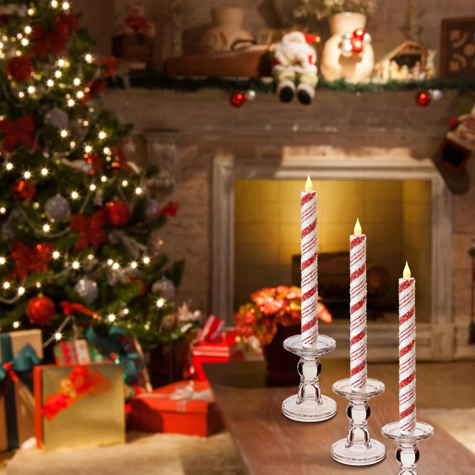 Baquler 6 Pcs Christmas Flameless Taper Candles 10.6 Inch Sea Salt Candy Cane Candles Battery Operated LED Christmas Candlesticks for Xmas Centerpiece Holiday Party Decor - Image 3