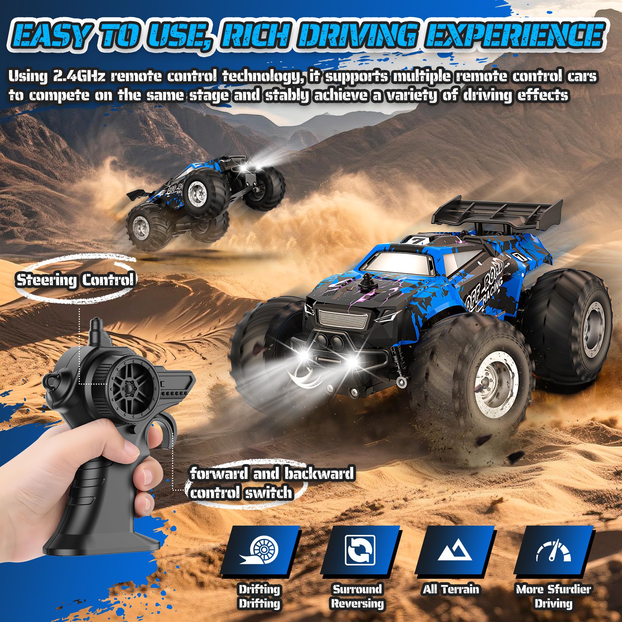 Barlisam Remote Control Car for boys 4-7, All-terrain Remote Control Truck for Boys 8-12, Headlight, 1:20, 10KM/H, 2.4GHZ, Speed-friendly, Sturdy, Rechargeable RC Cars for Christmas, Beginner, Kids 6+ - Image 7