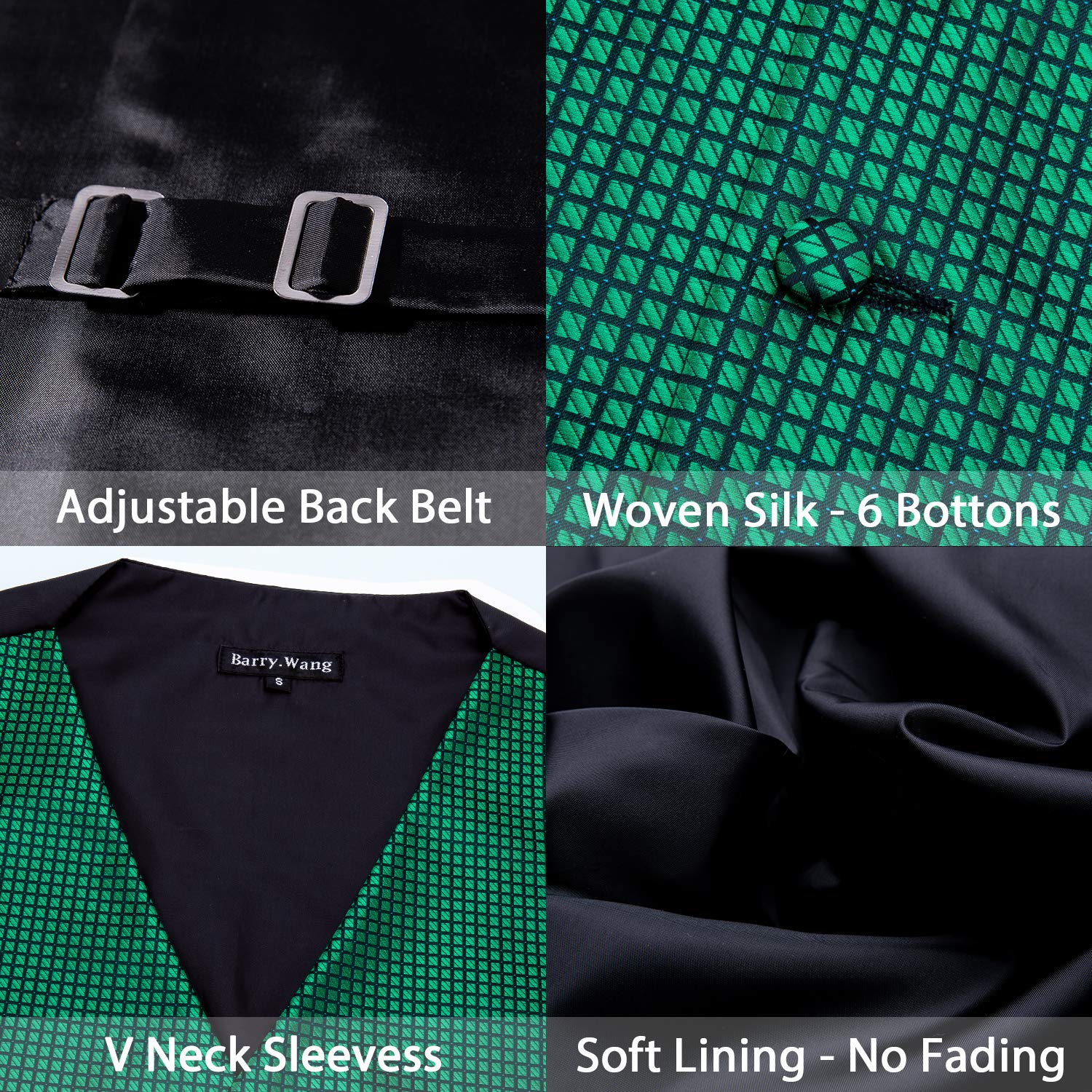 Barry.Wang Men Emerald Green Plaid Waistcoat with Tie Cufflinks Pocket Square Vest Set Wedding Christmas St. Patrick's Day - Image 2