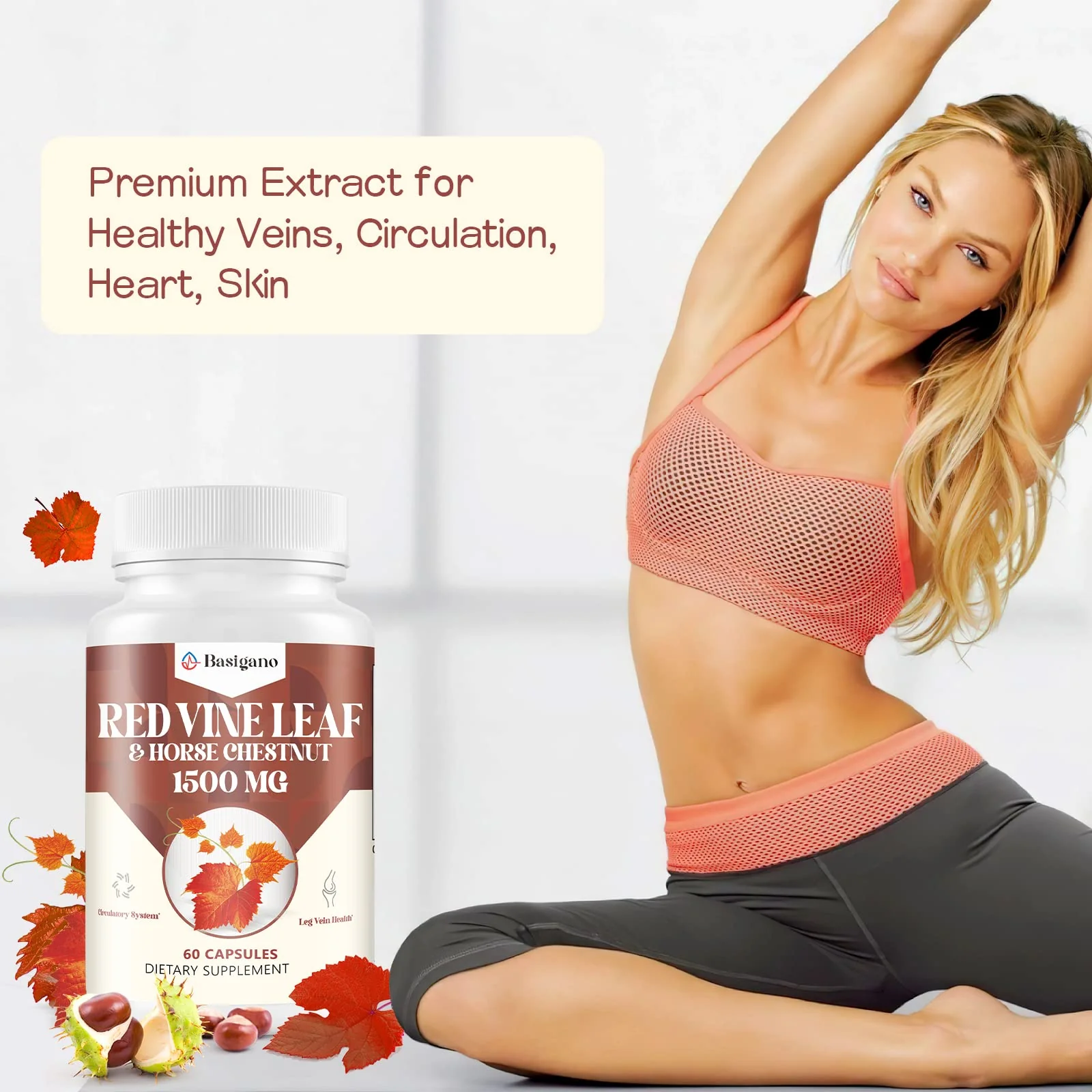 Basigano Red Vine Leaf & Horse Chestnut Extract Capsule Supplements (Vitis Vinifera) 1500mg -Premium Extract for Healthy Veins, Circulation, Heart, Skin - Image 3