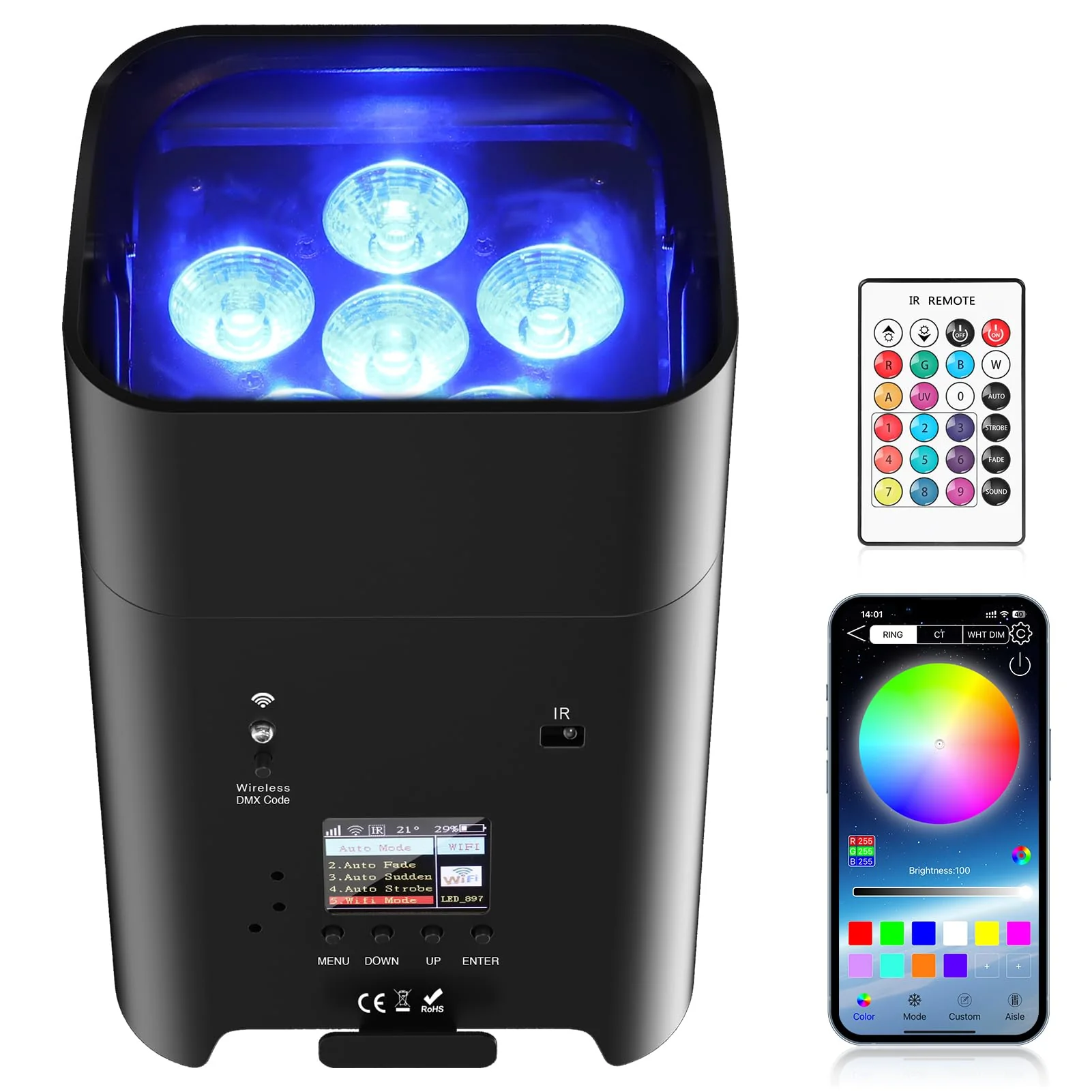 Battery Powered Uplights Rechargeable Par Can 6x18W RGBWA+UV LED Uplight 9600 mAh APP/Remote/DMX512 Control Stage Lights Uplighting Indoor for Wedding DJ Church Christmas Dance