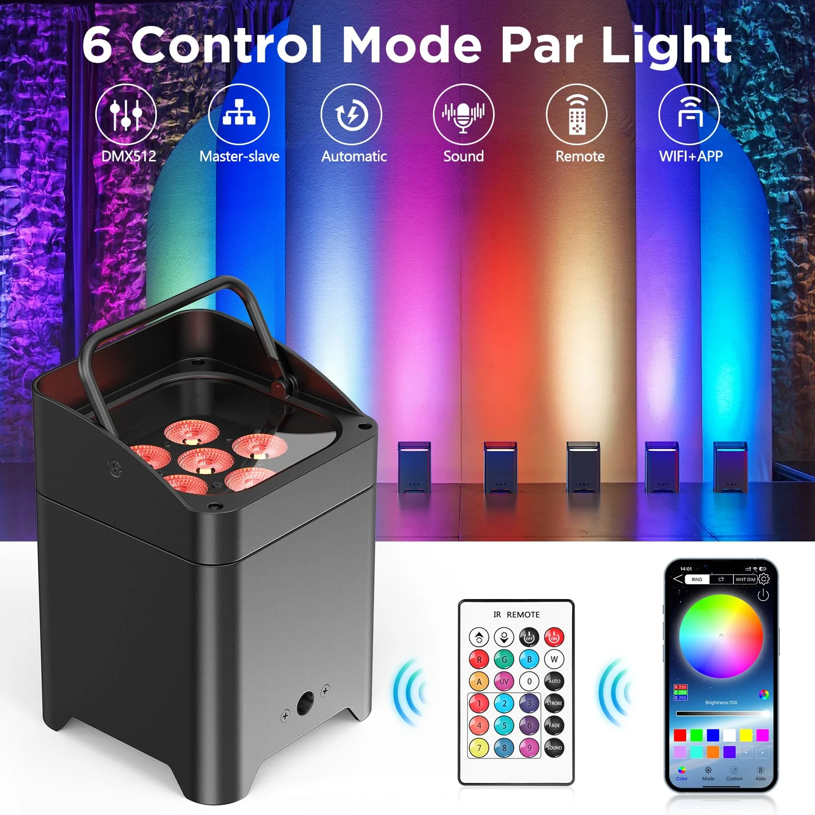 Battery Powered Uplights Rechargeable Par Can 6x18W RGBWA+UV LED Uplight 9600 mAh APP/Remote/DMX512 Control Stage Lights Uplighting Indoor for Wedding DJ Church Christmas Dance - Image 6