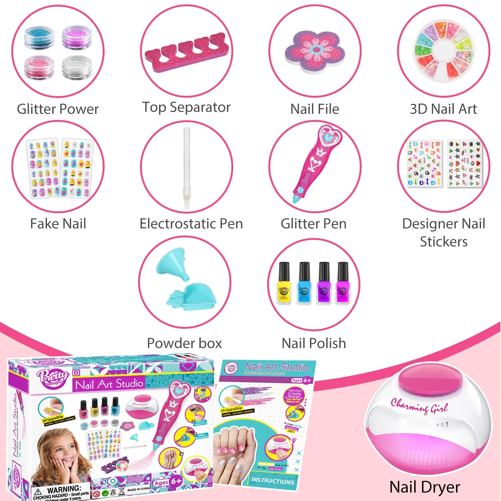 BATTOP Kids Nail Polish Set for Girls, Nail Art Kits with Nail Dryer & Glitter Pen, Quick Dry & Peel Off & Non-Toxic Nail Polish, Christmas Birthday Gifts for Girls Ages 6 7 8 9 10 11 12 - Image 2