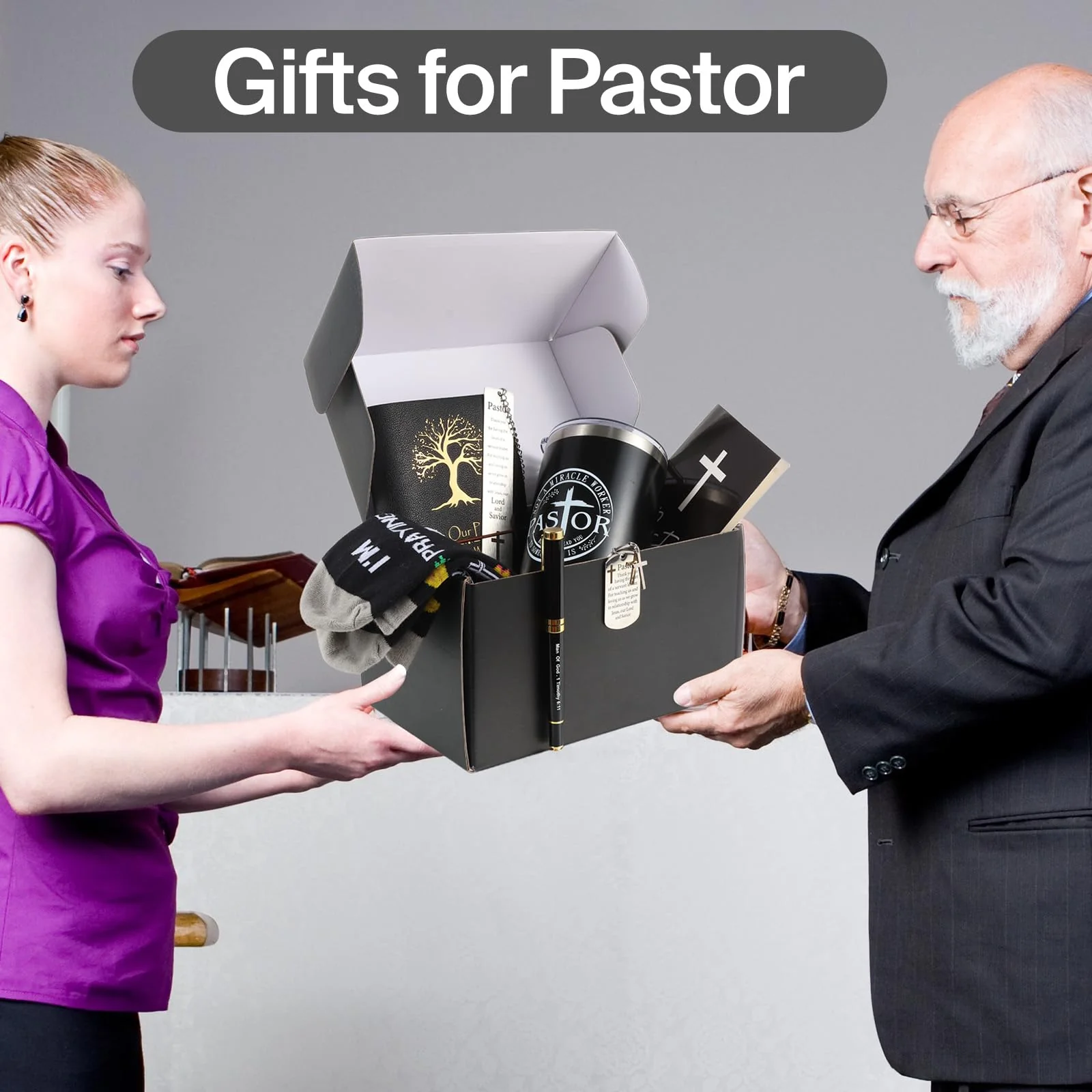 Bayelove Pastor Appreciation Gifts for Men Christian Pastor Gifts Unique Pastor Gifts for Pastors Including Leather Journal Pastor Tumbler Keychain Socks Pen Bookmarks Gift Card for Birthday Christmas - Image 2