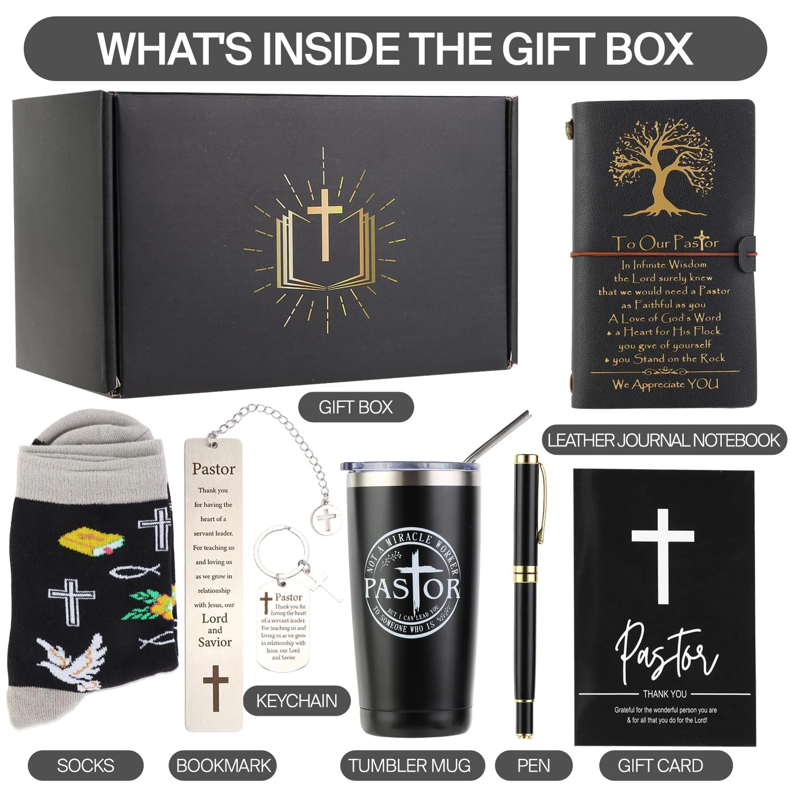Bayelove Pastor Appreciation Gifts for Men Christian Pastor Gifts Unique Pastor Gifts for Pastors Including Leather Journal Pastor Tumbler Keychain Socks Pen Bookmarks Gift Card for Birthday Christmas - Image 7