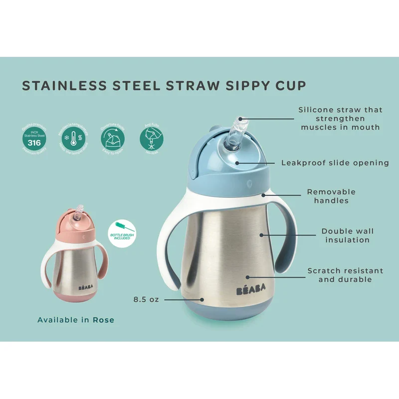 Beaba Stainless Steel Straw Sippy Cup, Insulated Toddler Cups Spill Proof with Removable Handles, Made with High Grade Stainless Steel, 8+ Months, 8.5 oz, (Rain) - Image 5