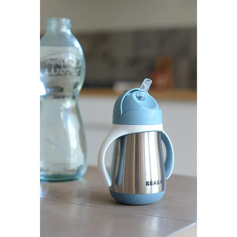 Beaba Stainless Steel Straw Sippy Cup, Insulated Toddler Cups Spill Proof with Removable Handles, Made with High Grade Stainless Steel, 8+ Months, 8.5 oz, (Rain) - Image 6