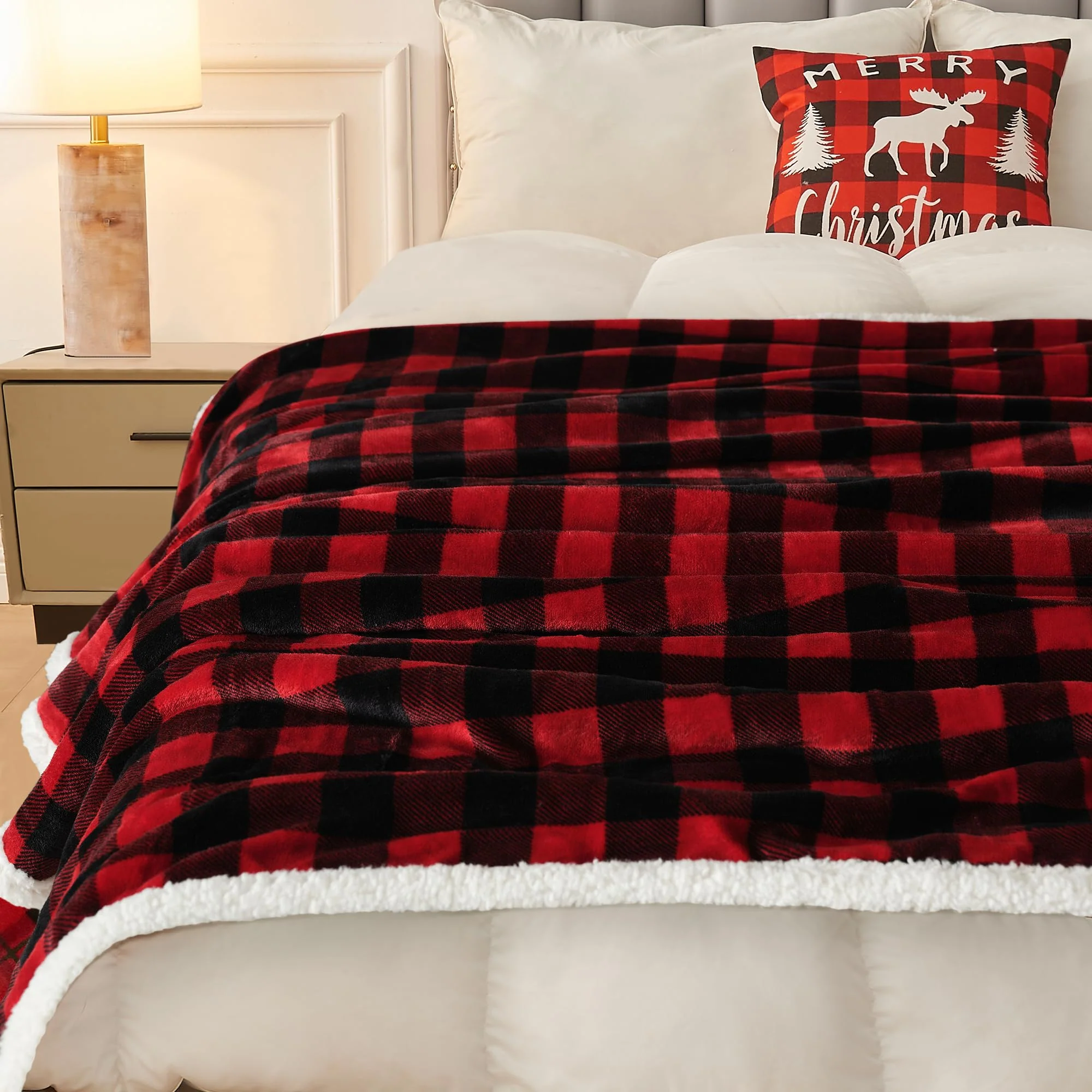 BEAUTEX Sherpa Fleece Flannel Blanket Twin Size, Super Soft Warm Buffalo Plaid Plush Microfiber Blankets, Cozy Fuzzy Christmas Blanket for Couch Sofa Bed (Red, 60" x 80") - Image 3