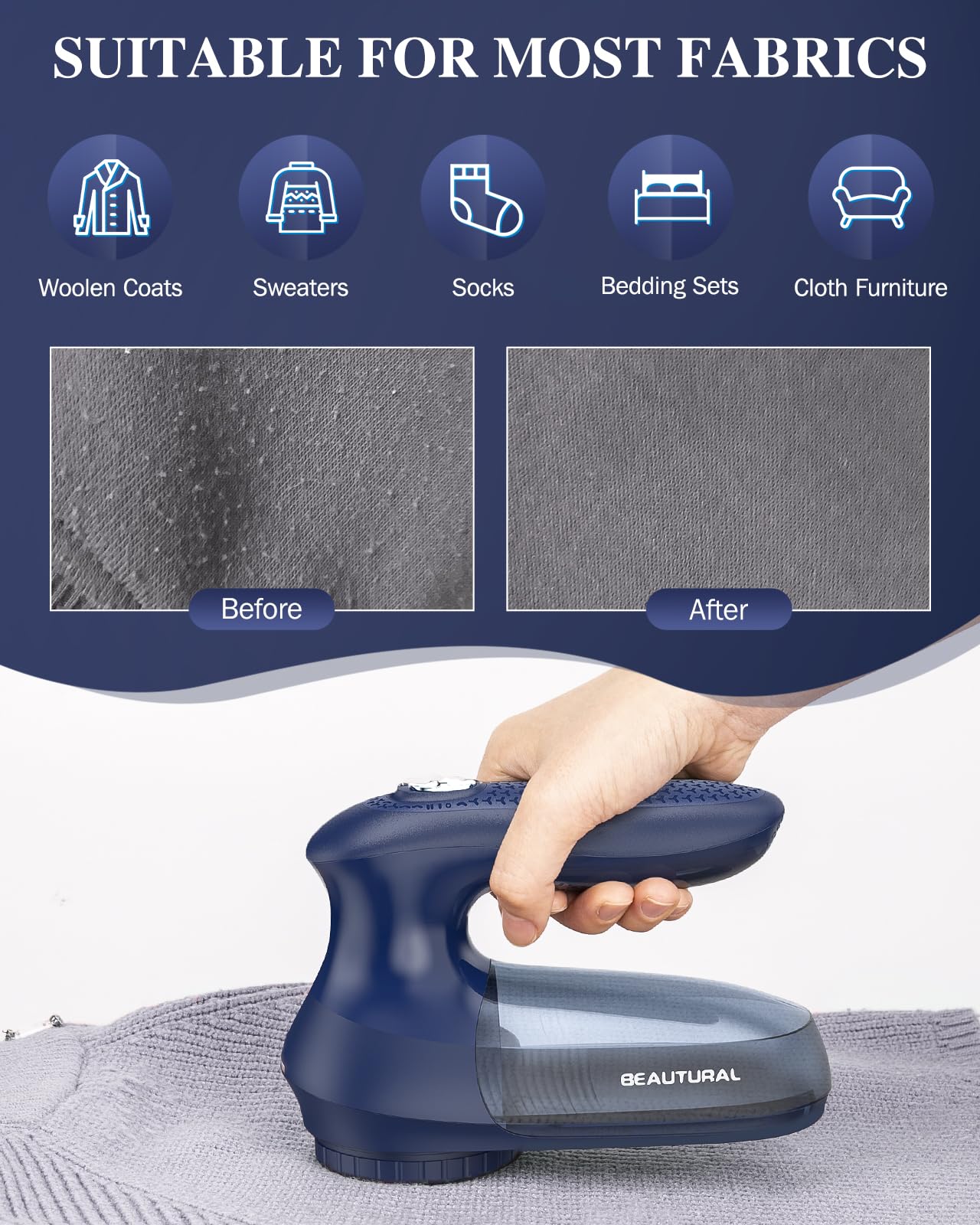 BEAUTURAL Sweater Fabric Shaver Home-Edition, Powerful & Efficient Lint Remover for Clothes and Furniture, AC Adapter or Battery Powered Pill Fuzz Remover, Special for Your Family Ultramarine - Image 4