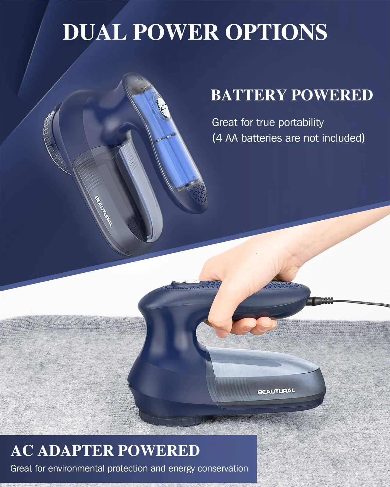 BEAUTURAL Sweater Fabric Shaver Home-Edition, Powerful & Efficient Lint Remover for Clothes and Furniture, AC Adapter or Battery Powered Pill Fuzz Remover, Special for Your Family Ultramarine - Image 6
