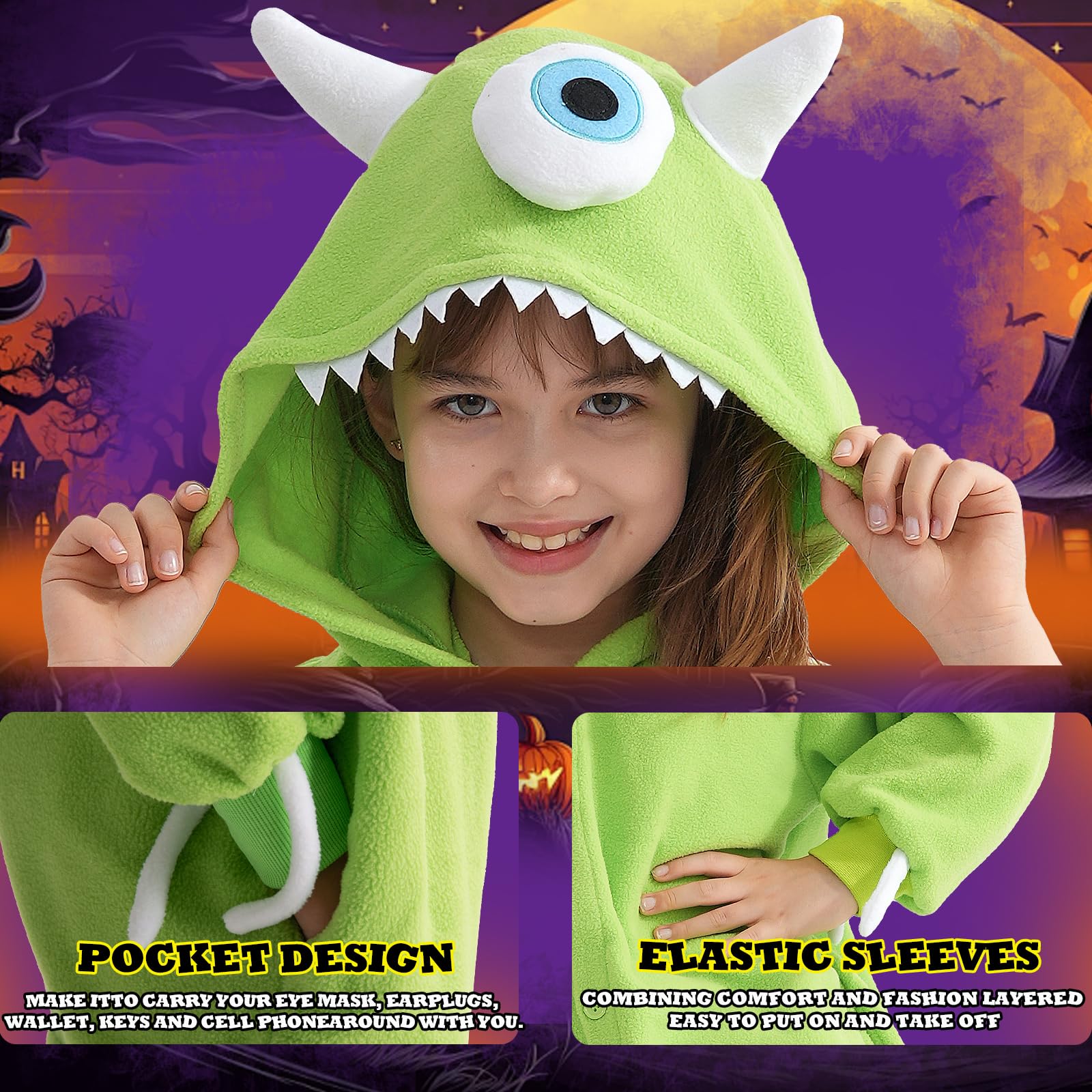 Beauty Shine Onesie Cartoon Animal Costume One Piece Pajamas Cosplay Halloween Christmas Sleepwear Jumpsuit Homewear (US, Age, 10 Years, Mike Wazowski) - Image 3