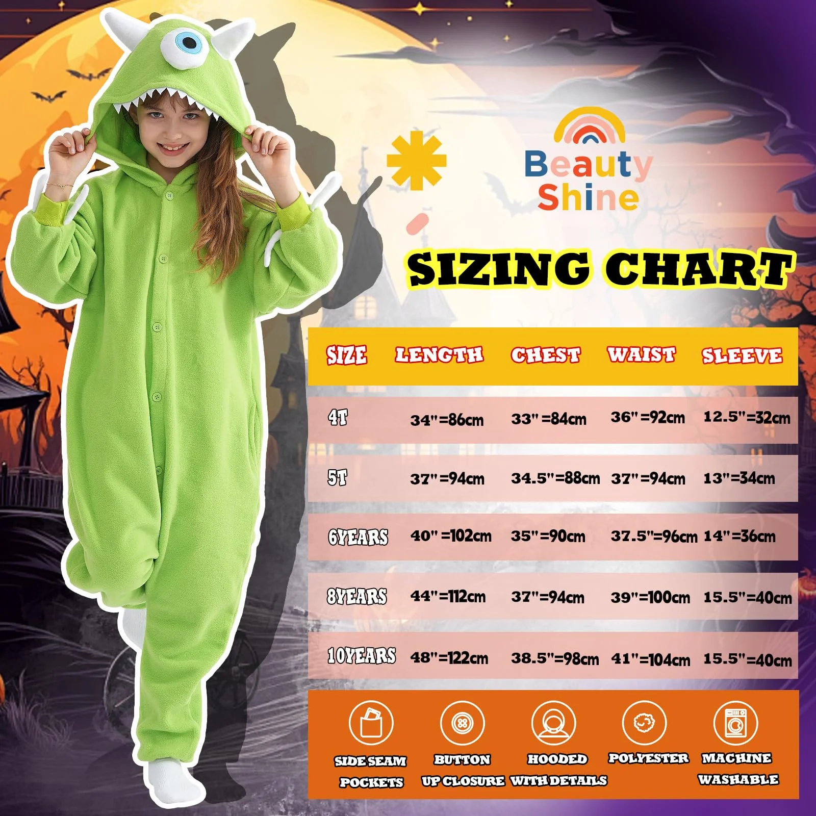 Beauty Shine Onesie Cartoon Animal Costume One Piece Pajamas Cosplay Halloween Christmas Sleepwear Jumpsuit Homewear (US, Age, 10 Years, Mike Wazowski) - Image 4