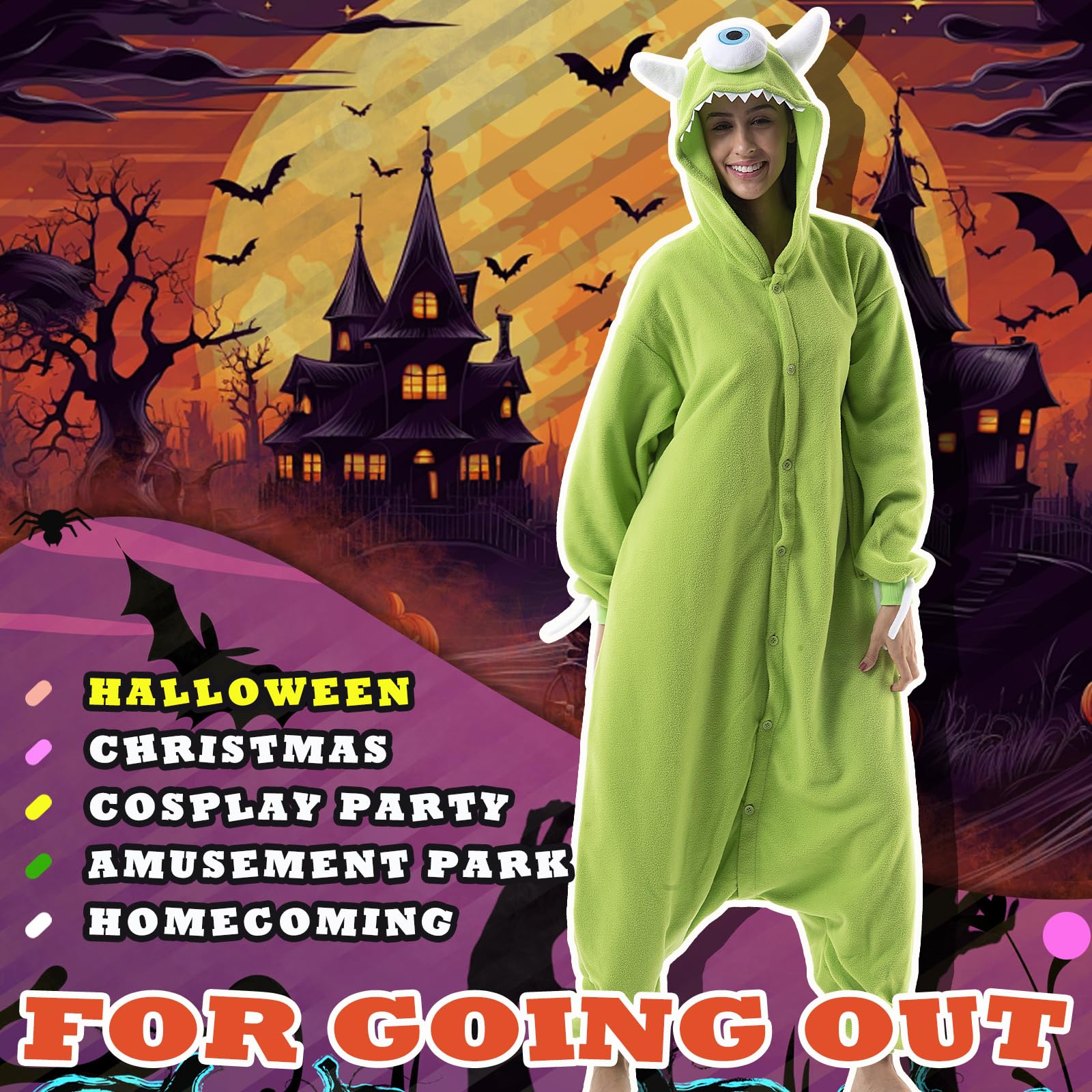 Beauty Shine Unisex Adult Onesie One Piece Pajamas Cosplay Cartoon Costume Halloween Christmas Sleepwear Jumpsuit Plush Homewear(Mike Wazowski, Small) - Image 4