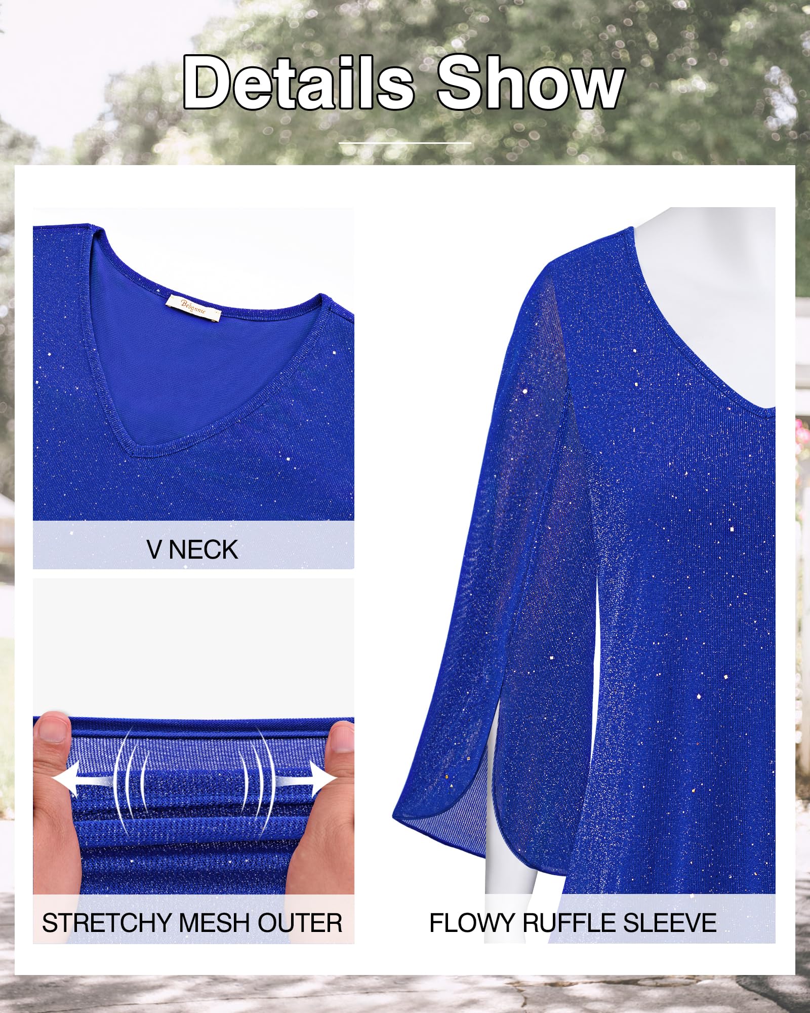 Bebonnie Dressy Tops for Evening Wear: 3/4 Sleeve Trending Fall Clothes for Women 2024 - Sparkly Sequin Homecoming Modest Dresses - Grandmother of Bride Blouse Christmas Top Star Blue XXL - Image 2