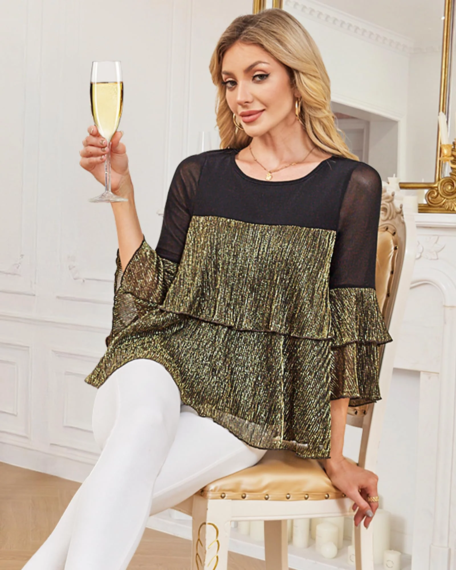 Bebonnie Flowy Sparkly Tops for Women Party: Ladies Casual Long Sleeve Dress Shirts Chiffon Blouses Plus Size Dressy Tops for Wedding Elegant Christmas Night Out Fancy Evening Wear Black Gold XXL - Image 6