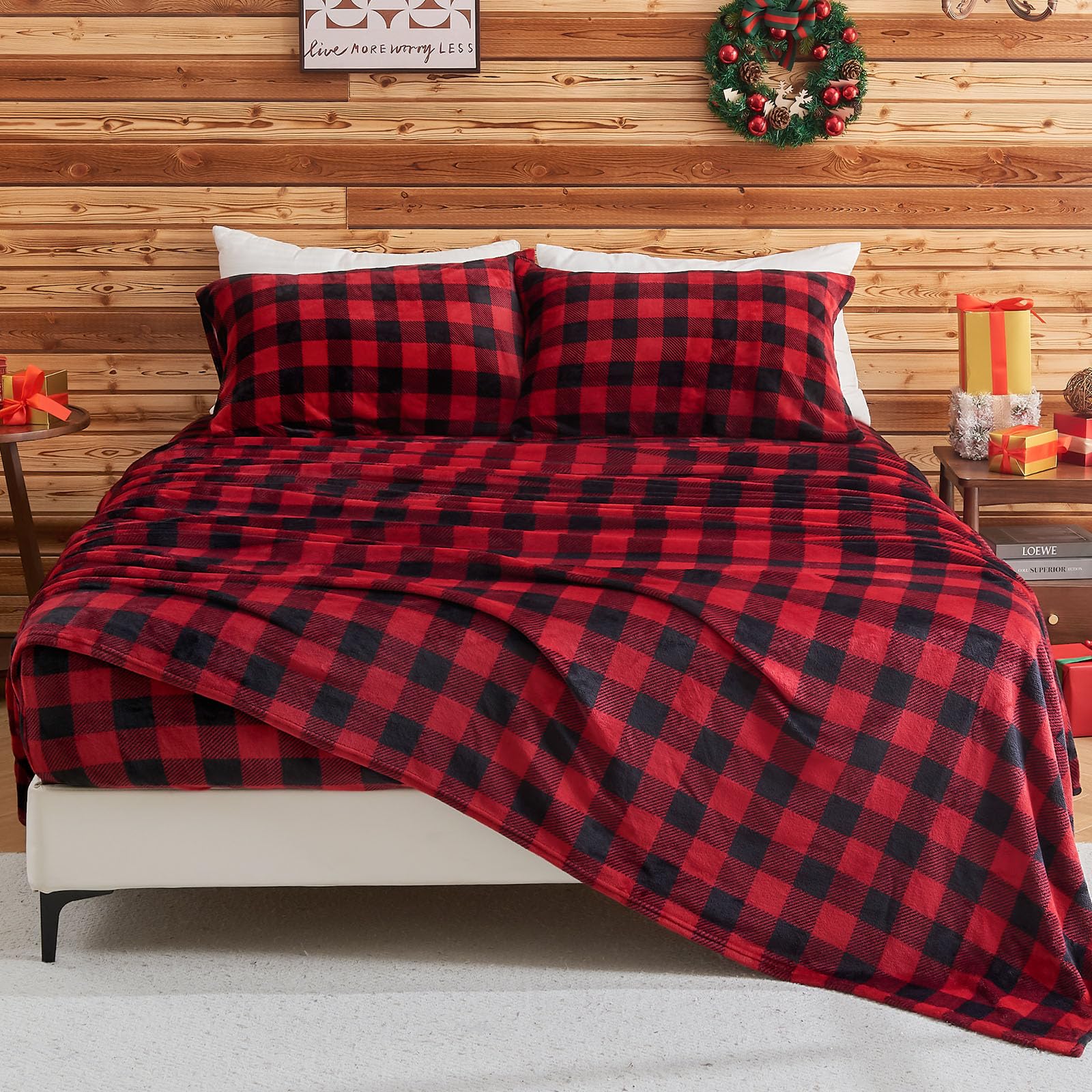BEDELITE Flannel Sheets Queen Size Bed Set, Luxury Red and Black Plaid Christmas Bedding Set, Super Soft & Warm Fuzzy Fleece Sheets 4 Piece(Include Fitted Sheet, Flat Sheet, 2 Pillowcases) - Image 3