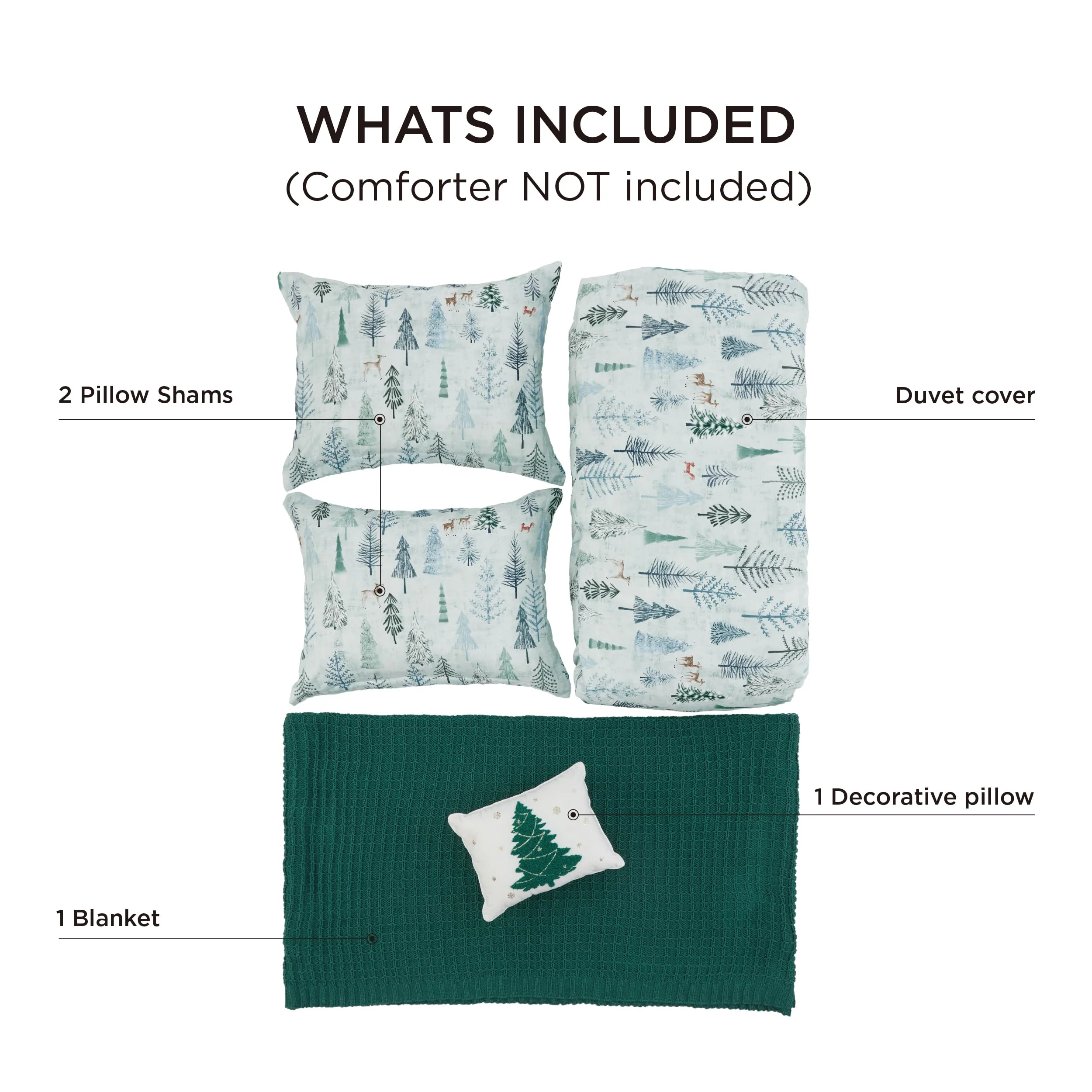 Bedsure King Size Christmas Duvet Cover - Green Forest Holiday Bedding Set, 5-Piece Collection Includes 1 Duvet Cover, 2 Pillow Shams, 1 Throw Blanket, and 1 Decorative Pillow (King, Green Forest) - Image 6