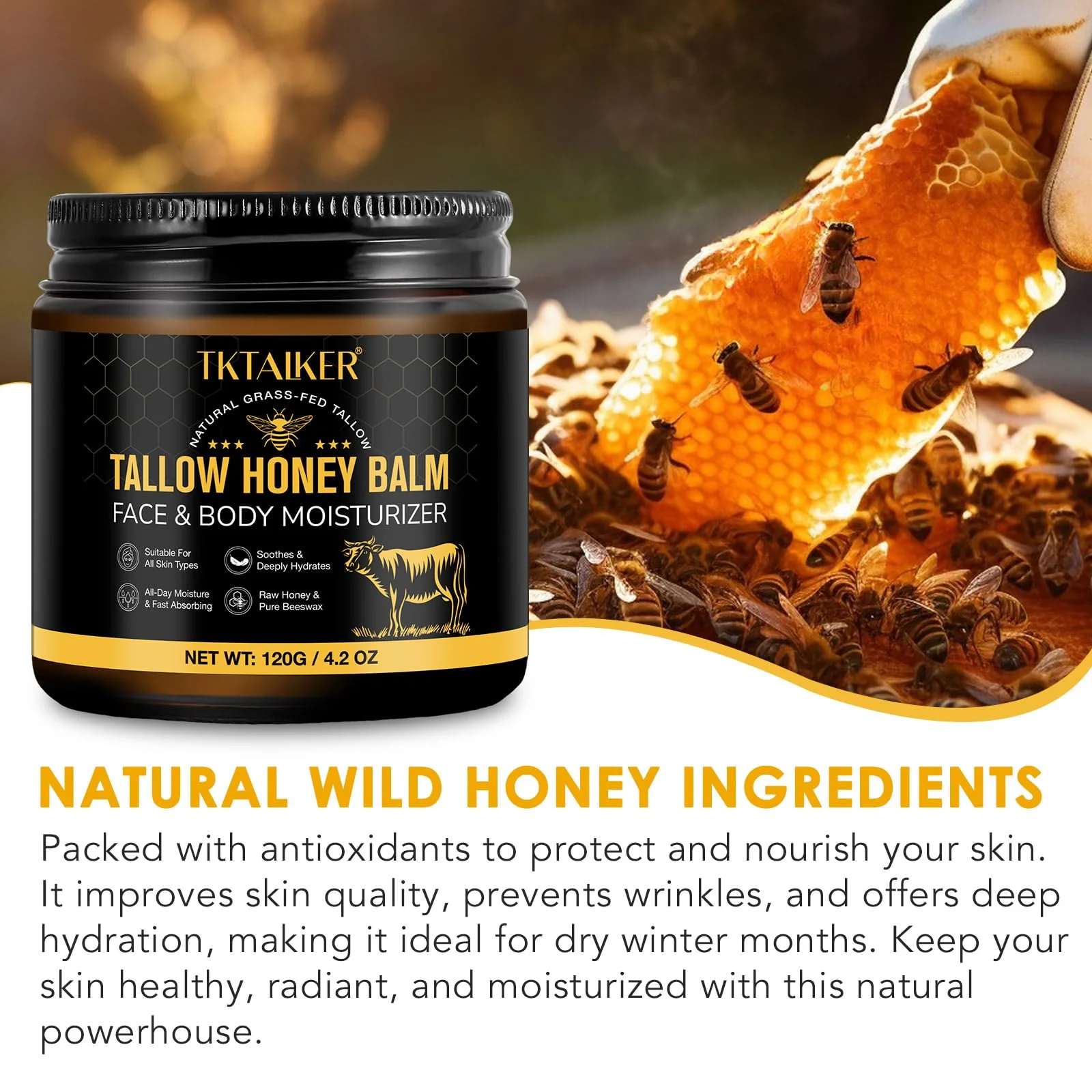 Beef Tallow for Skin, Beef Tallow for Face, Hydrating Tallow Balm with Raw Honey and Beeswax, Grass-Fed Beef Tallow & Raw Wild Honey Blend, Body & Face Moisturizer, Natural Formula, Light Scent - Image 3