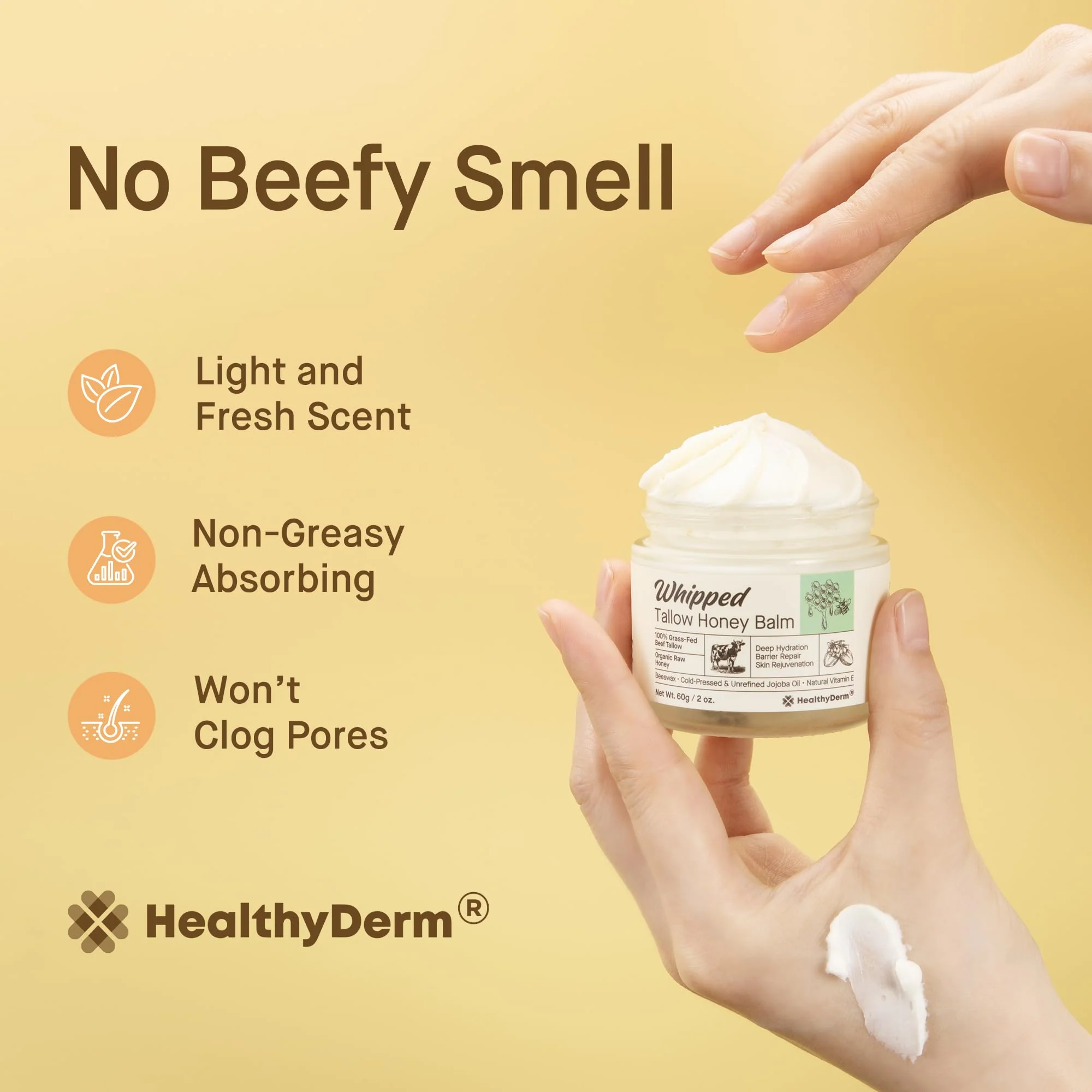 Beef Tallow Honey Balm for Skin: 100% Grass Fed Whipped Organic Moisturizer with Organic Raw Honey, Jojoba Oil, Vitamin E – Natural Face and Body Care for Mature, Dry or Sensitive Skin, 2oz - Image 3