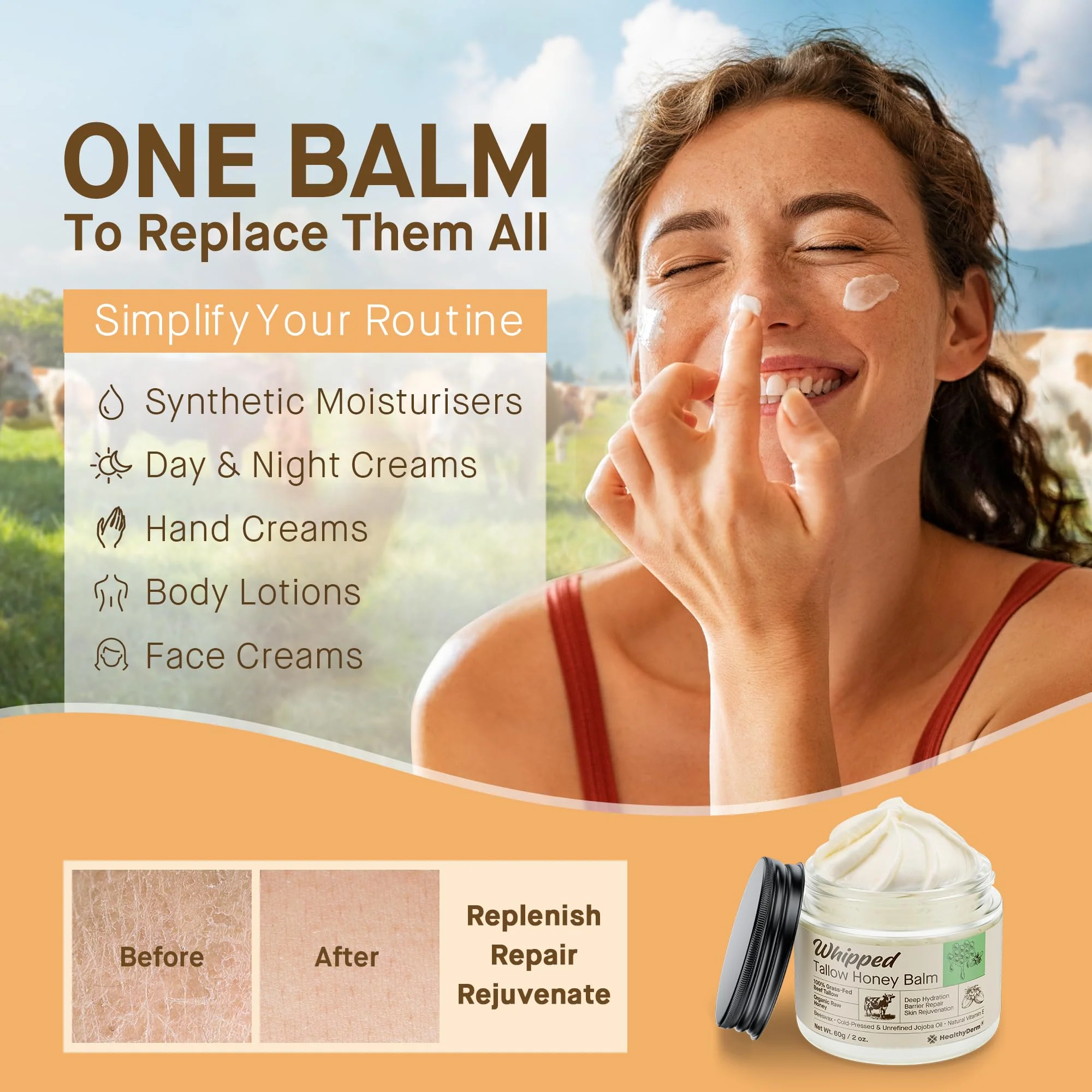 Beef Tallow Honey Balm for Skin: 100% Grass Fed Whipped Organic Moisturizer with Organic Raw Honey, Jojoba Oil, Vitamin E – Natural Face and Body Care for Mature, Dry or Sensitive Skin, 2oz - Image 4