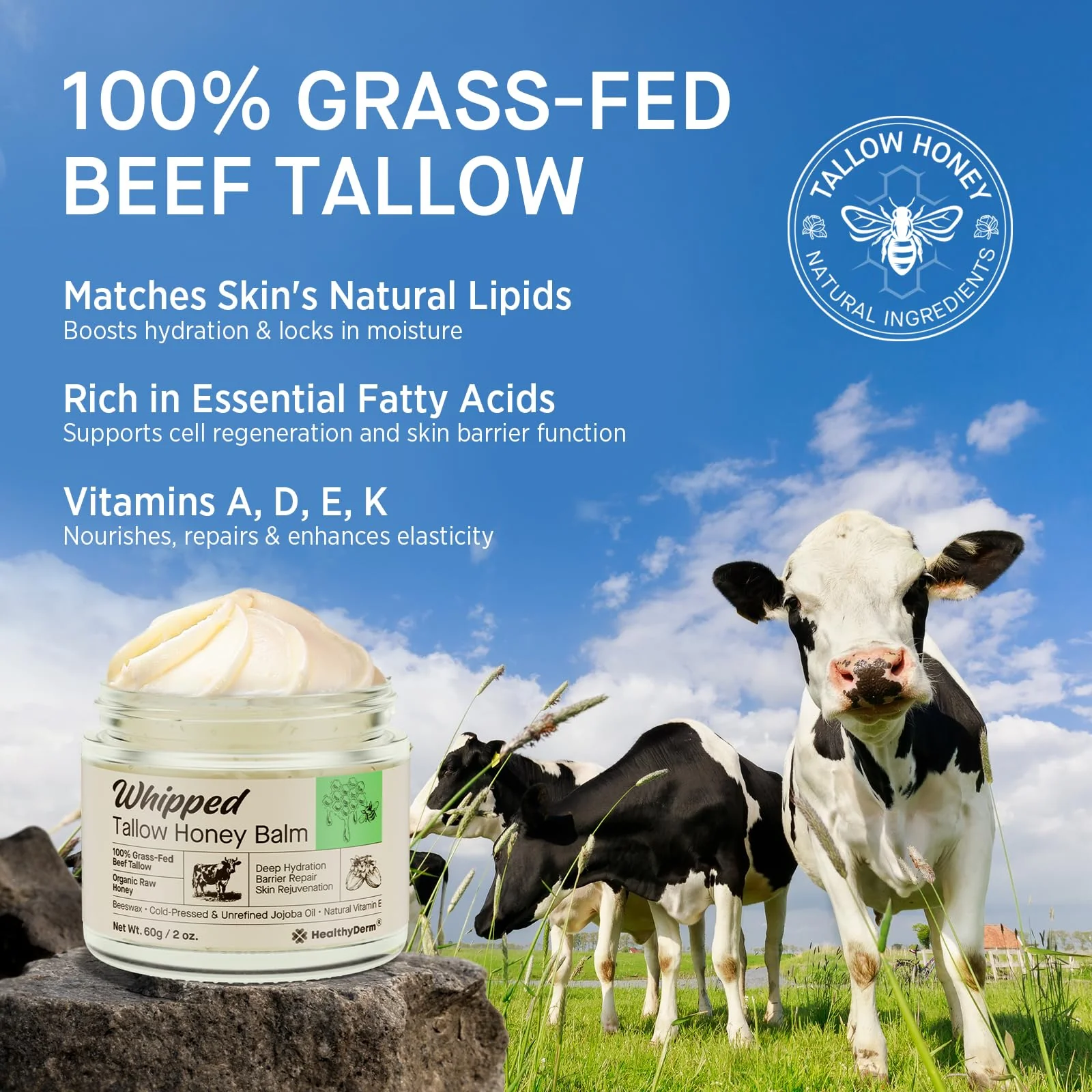 Beef Tallow Honey Balm for Skin: 100% Grass Fed Whipped Organic Moisturizer with Organic Raw Honey, Jojoba Oil, Vitamin E – Natural Face and Body Care for Mature, Dry or Sensitive Skin, 2oz - Image 6