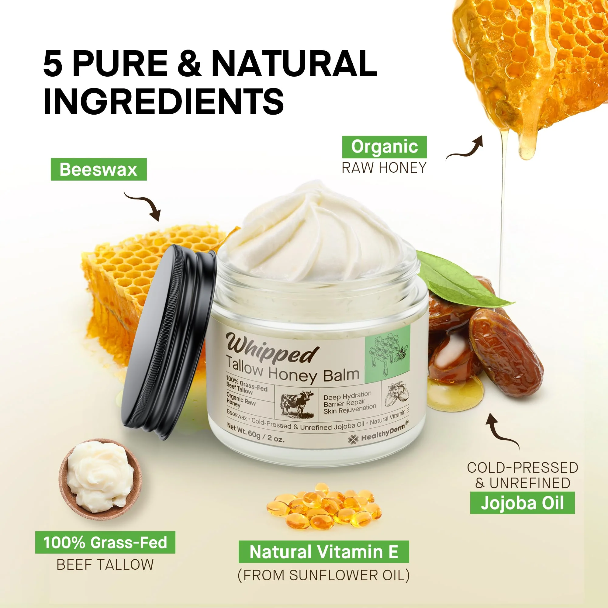 Beef Tallow Honey Balm for Skin: 100% Grass Fed Whipped Organic Moisturizer with Organic Raw Honey, Jojoba Oil, Vitamin E – Natural Face and Body Care for Mature, Dry or Sensitive Skin, 2oz - Image 8