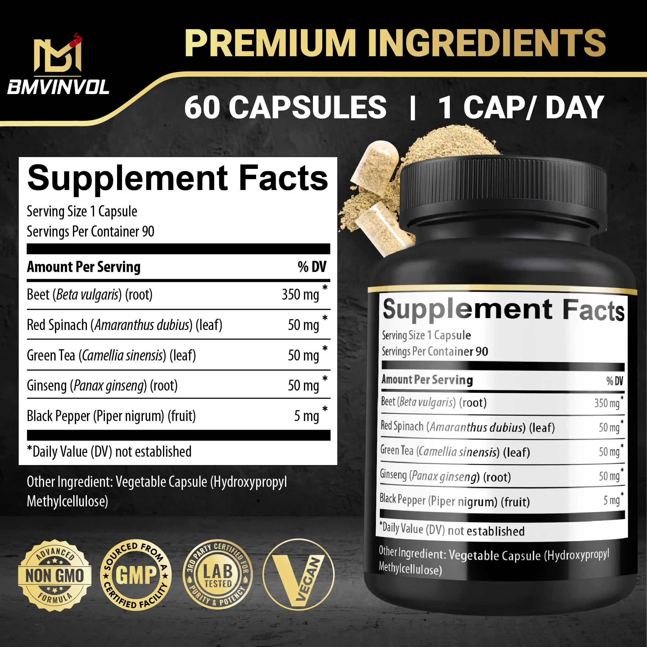 Beet Root Capsules - Green Tea, Red Spinach, Ginseng, Black Pepper - 90 Count - Supports Digestive, Immune System, Energy Levels - 3 Month Supply - Image 7